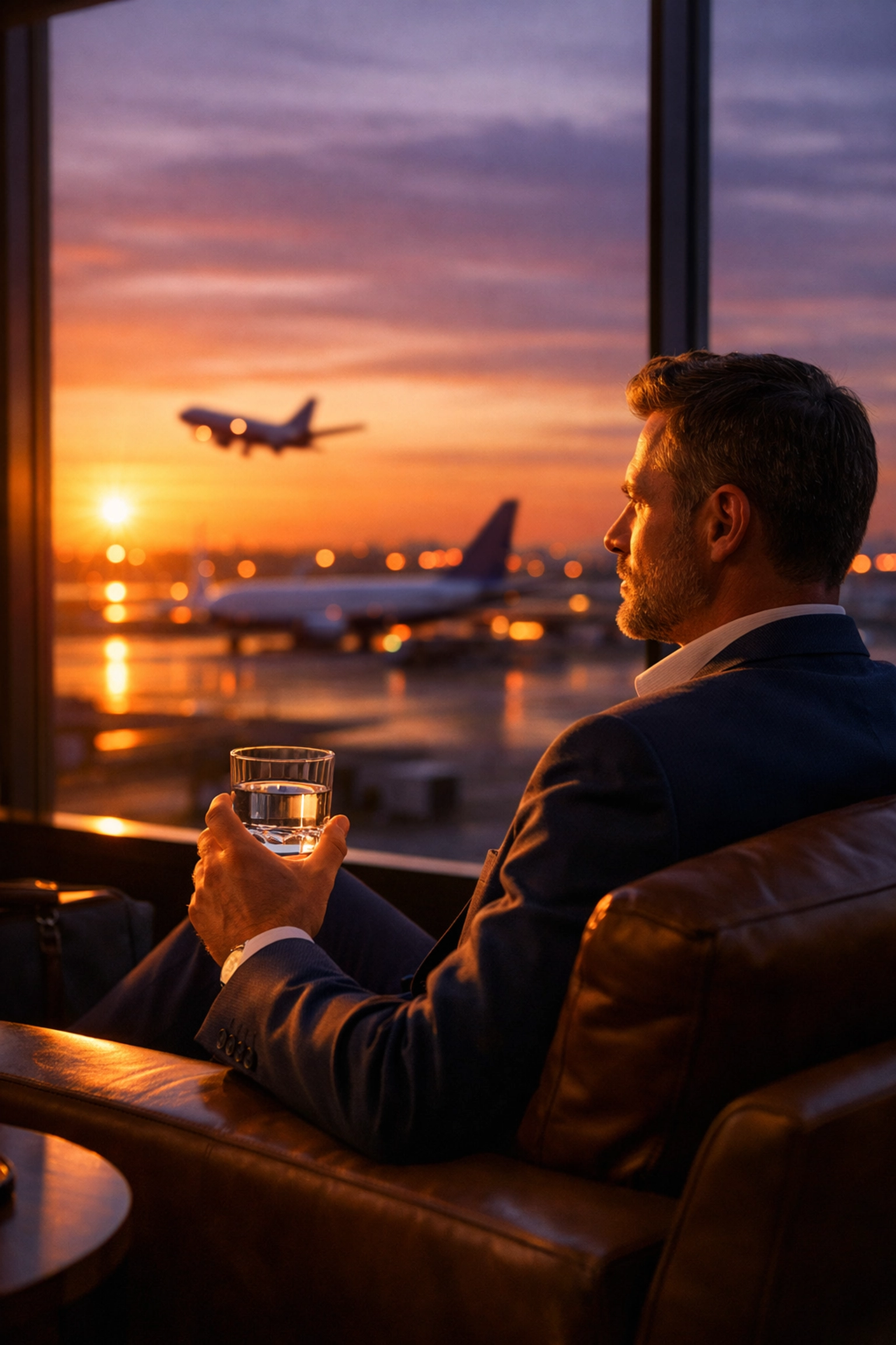 A business traveler in an airport lounge managing jet lag and hydration during global travel.