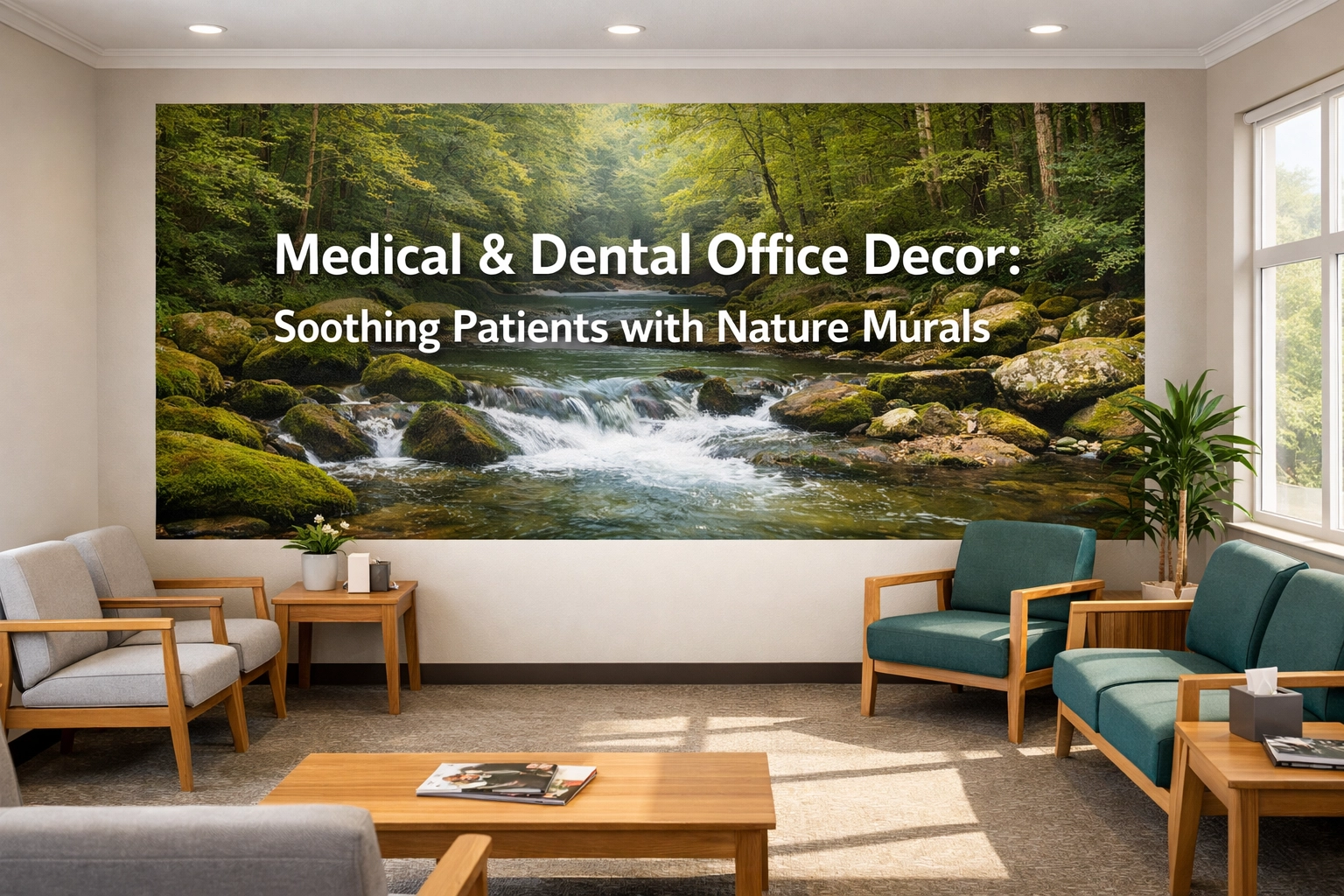 Soothing Appalachian river nature mural in a modern Knoxville medical office waiting room.