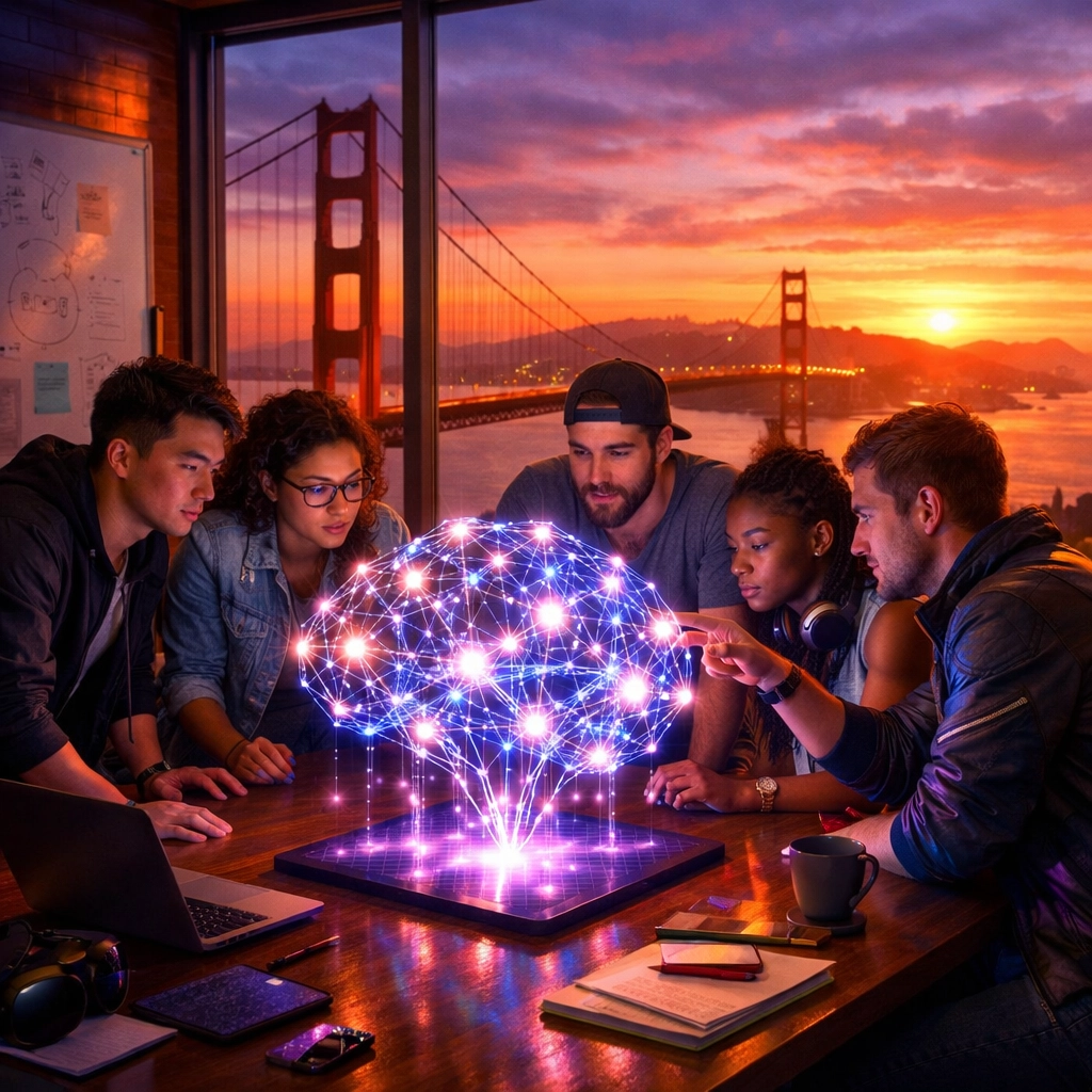 Tech entrepreneurs in San Francisco collaborating on AI startups and the future of California business.