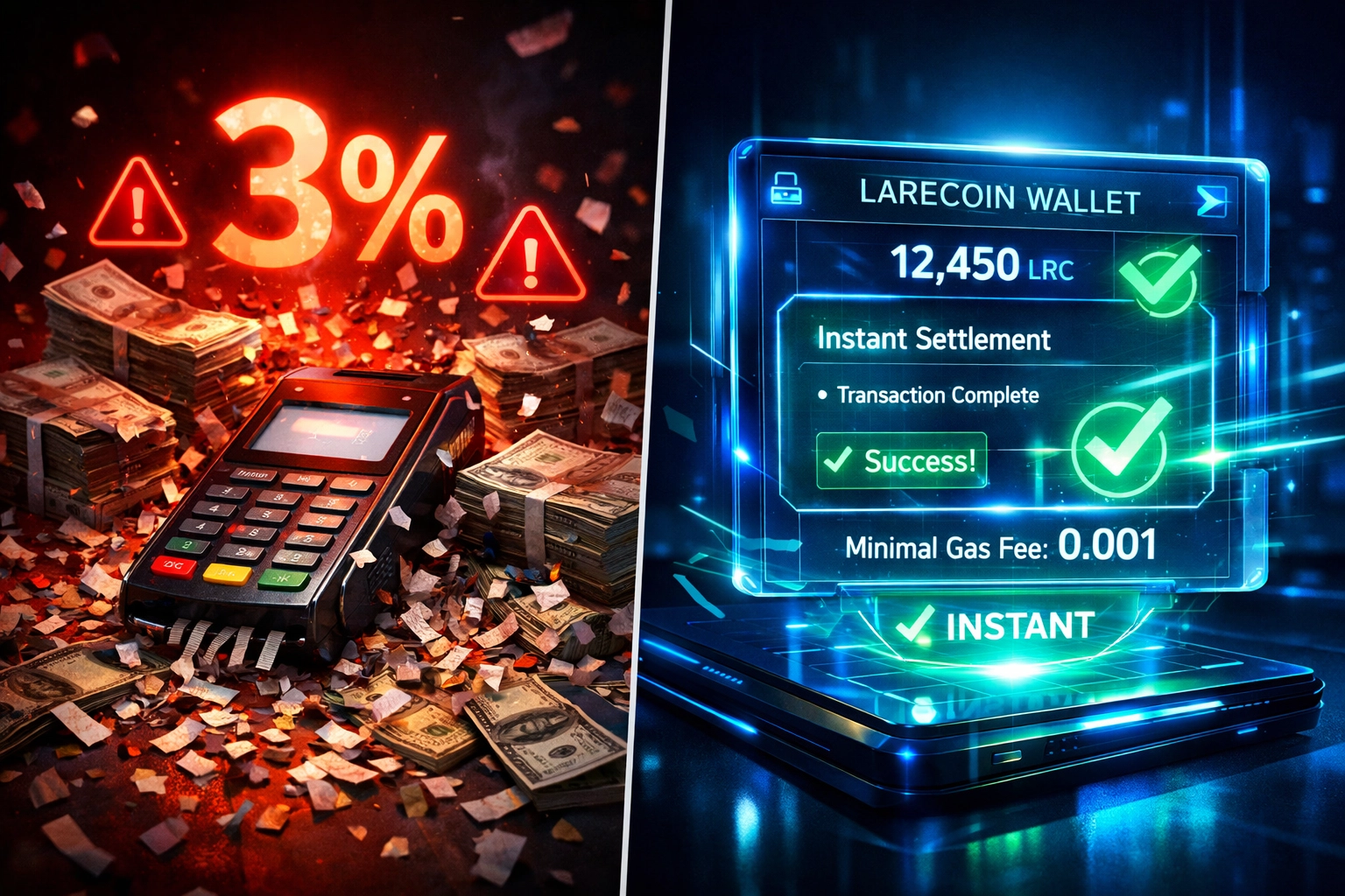 Traditional 3% merchant fees vs Larecoin's gas-only payment processing comparison