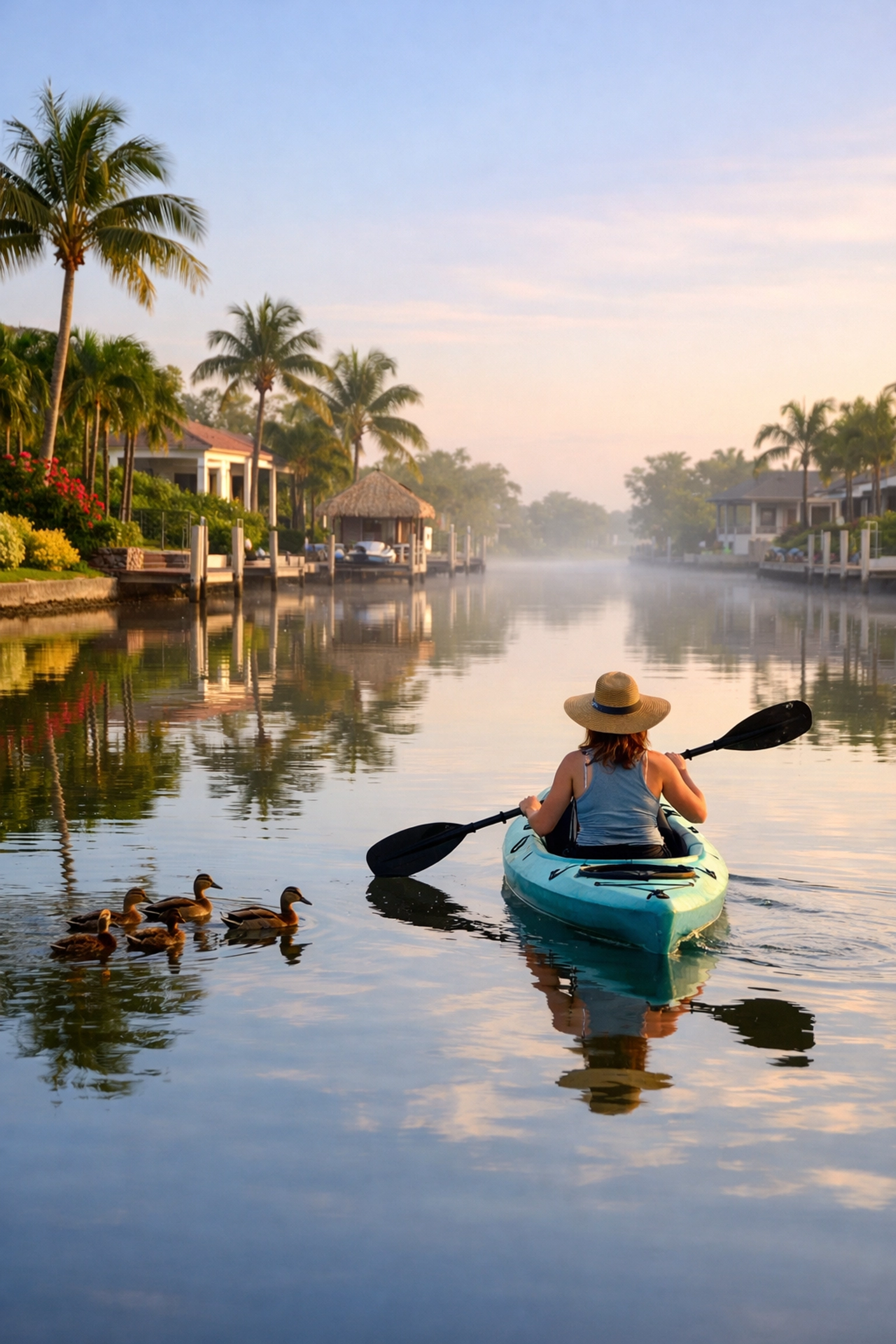 Woman kayaking on calm freshwater canal in Cape Coral with waterfront homes