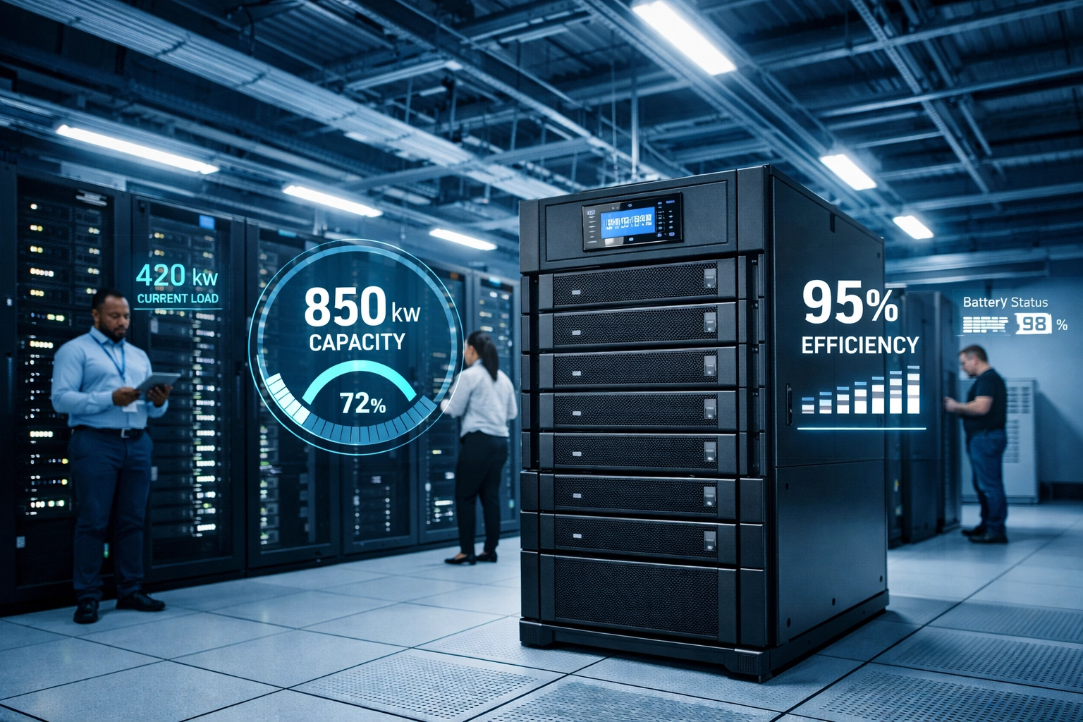 Data center with modular UPS system and IT professionals monitoring power metrics