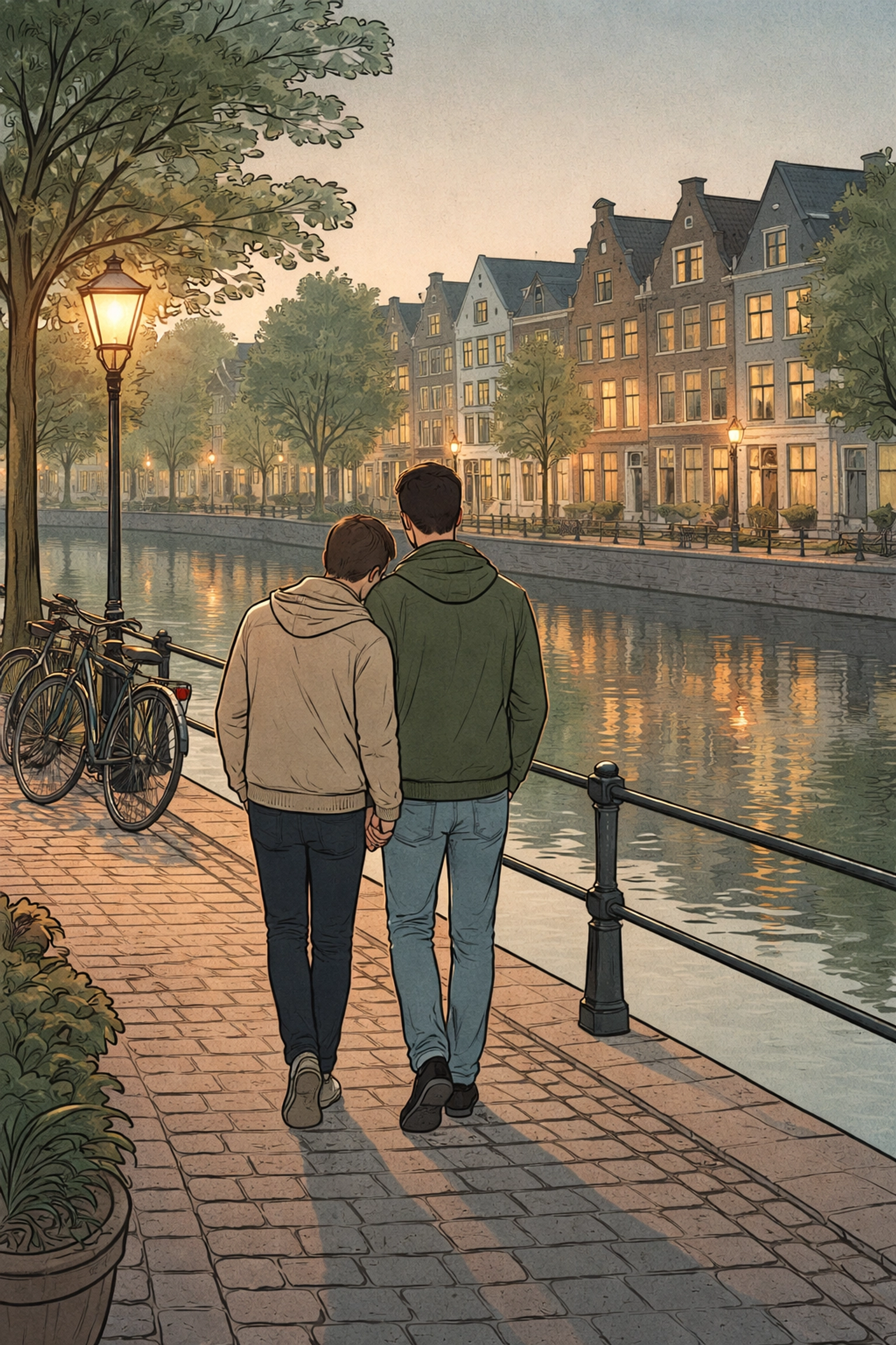 Romantic walk of two men hand-in-hand along a Rotterdam canal at dusk, symbolizing healing and new beginnings.