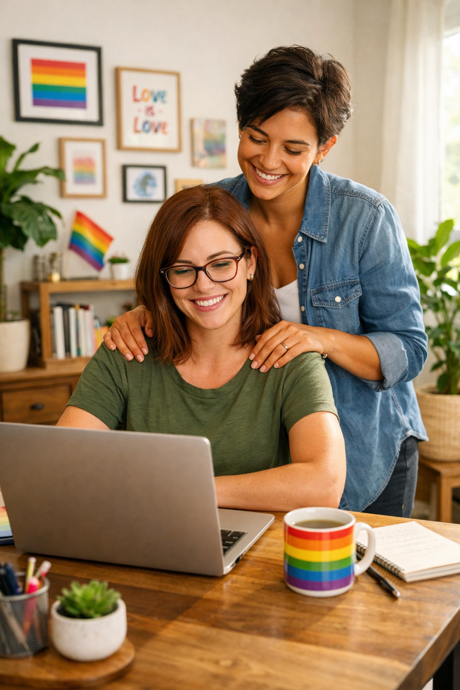 A supportive lesbian couple celebrating a writing milestone, showcasing own voices in LGBTQ+ fiction.