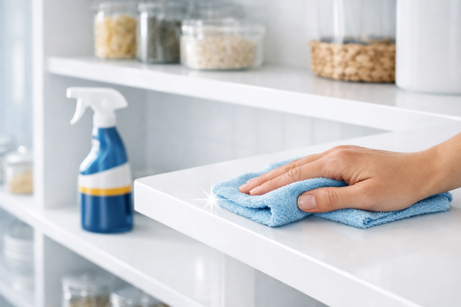 A person cleaning a modern kitchen pantry shelf with a microfiber cloth for home sanitization.