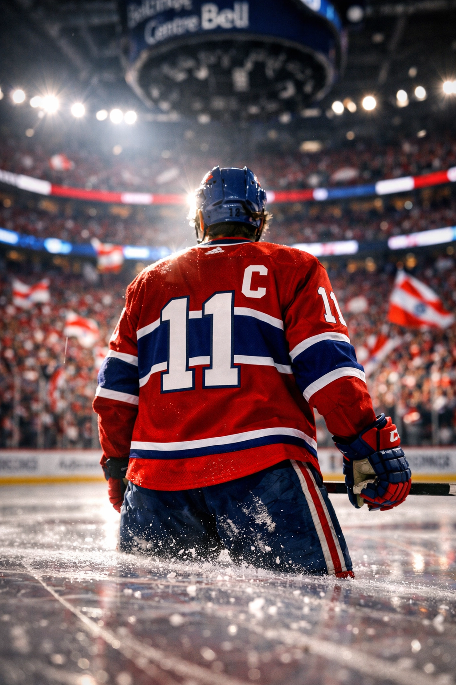 Montreal Canadiens hockey player facing a roaring Bell Centre crowd during the 2026 NHL playoffs.