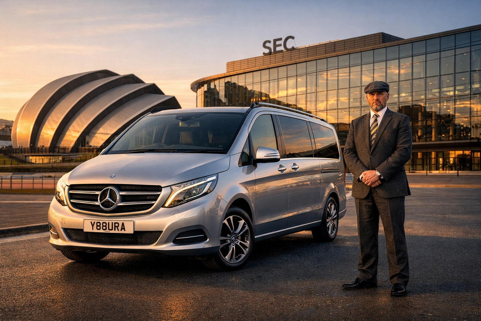 Professional Glasgow chauffeur in a tweed suit with a silver Mercedes-Benz V-Class at the SEC Centre.