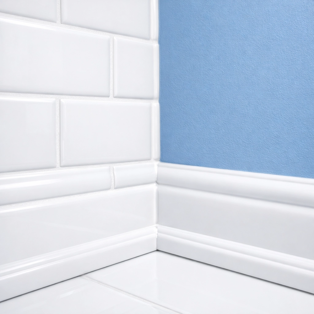 Detailed view of clean bathroom grout and baseboards after an intensive professional deep cleaning session.