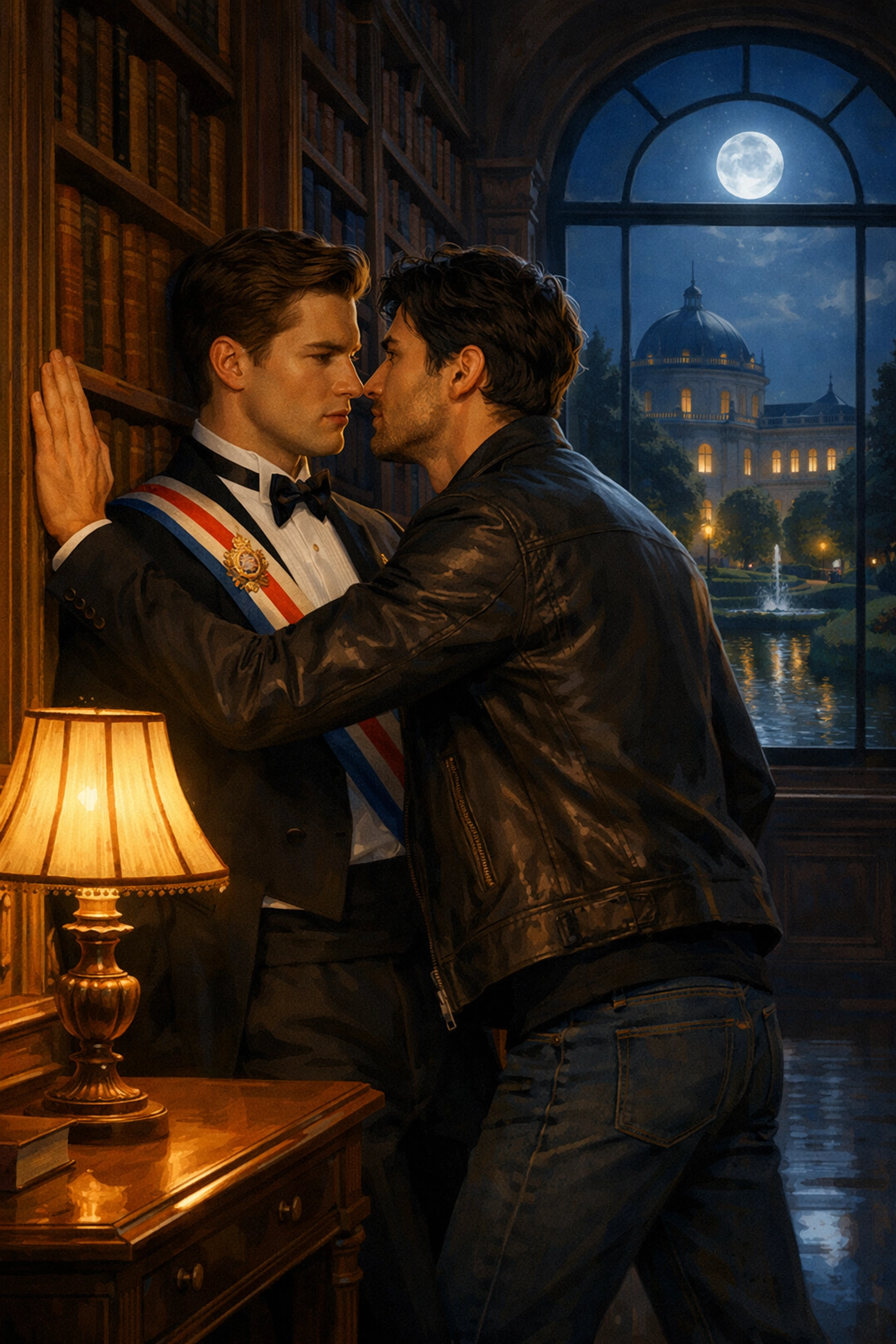 Secret romantic encounter in a royal library, illustrating the high-stakes tension of gay royal romance novels.