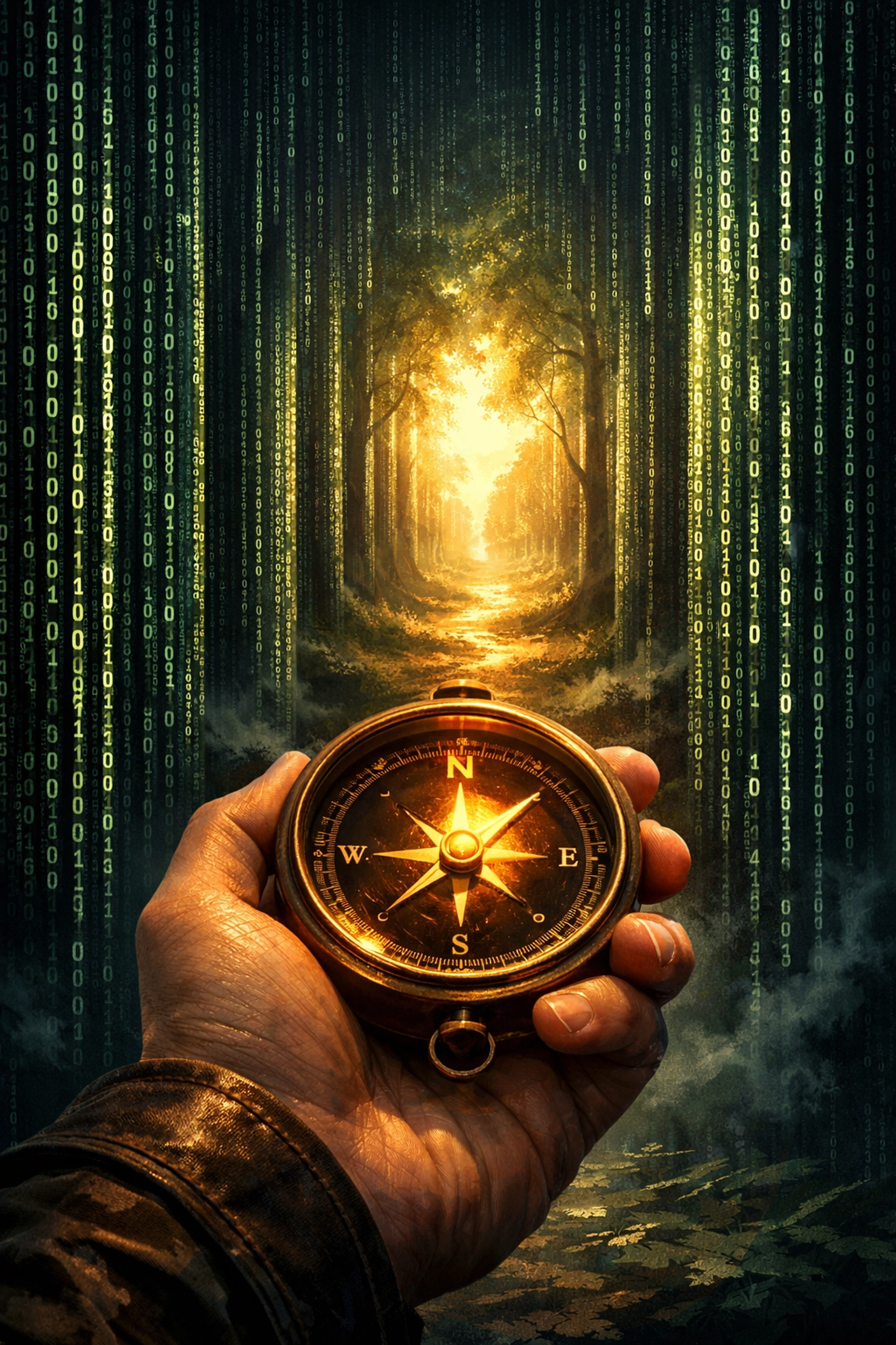 A hand holding a glowing compass guiding a path through digital data, representing clear SEO strategy and user intent.