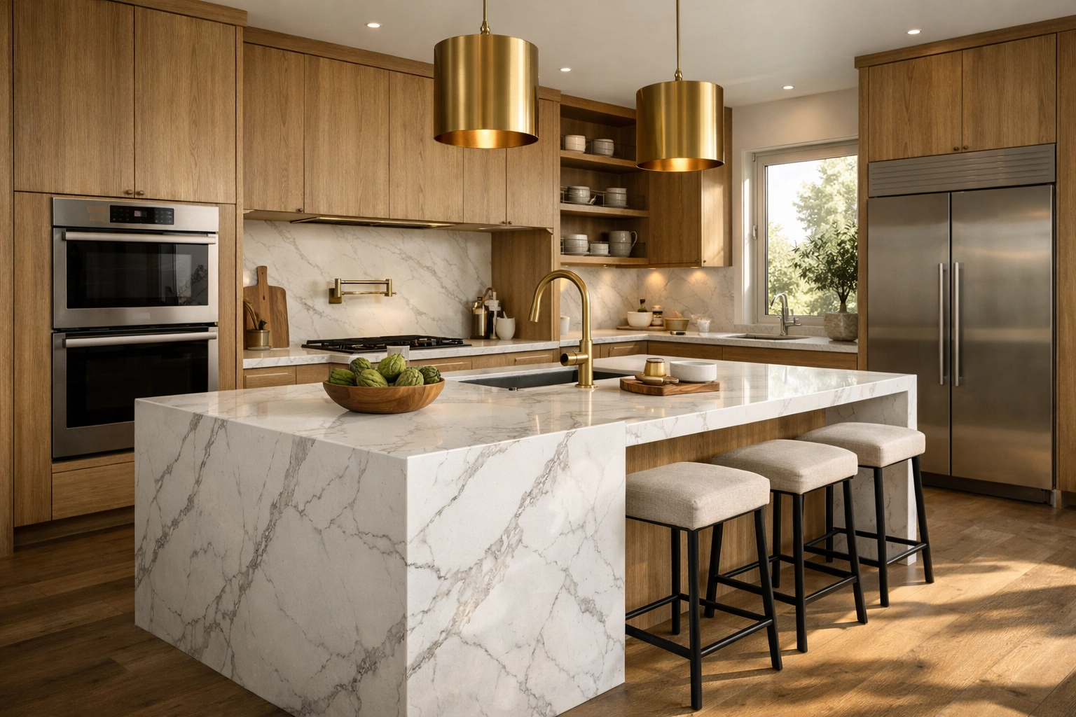 Photorealistic modern luxury kitchen render with warm daylight, quartz waterfall island, and brushed brass details.