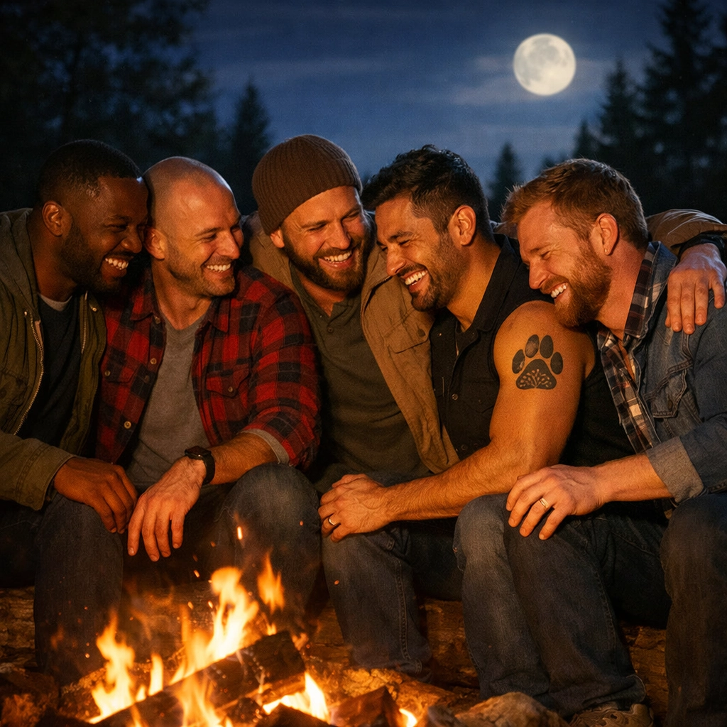 A diverse group of gay men bonding around a campfire, representing the found family and pack dynamics in shifter romance.
