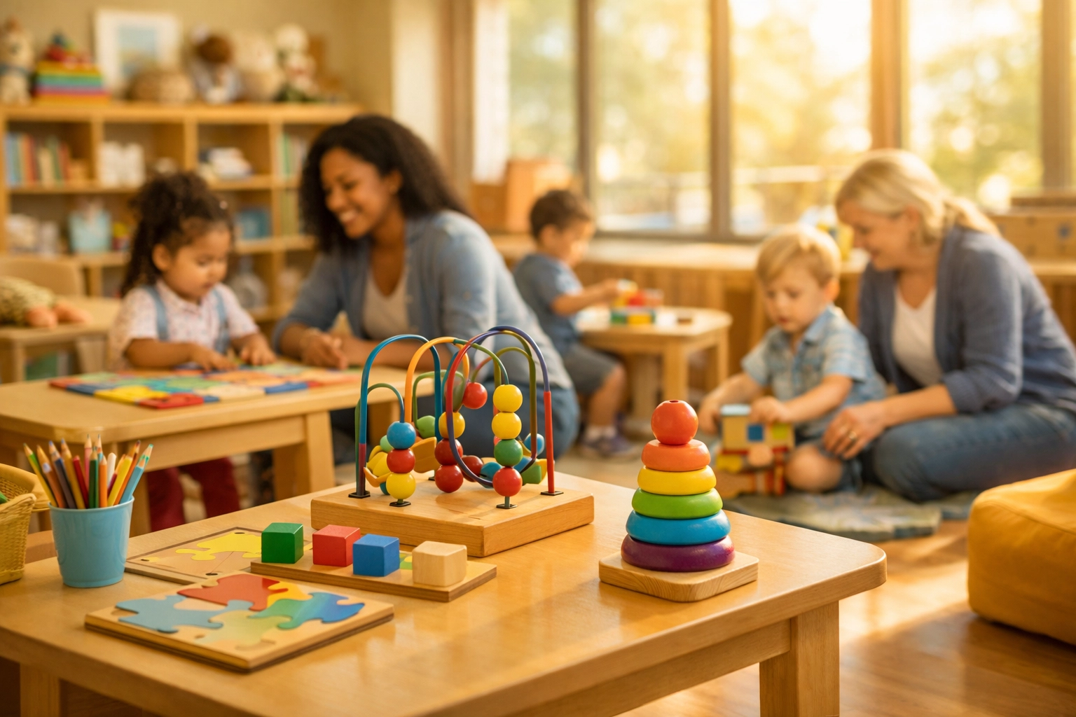 Modern child development center with children and staff at Luke Air Force Base Arizona