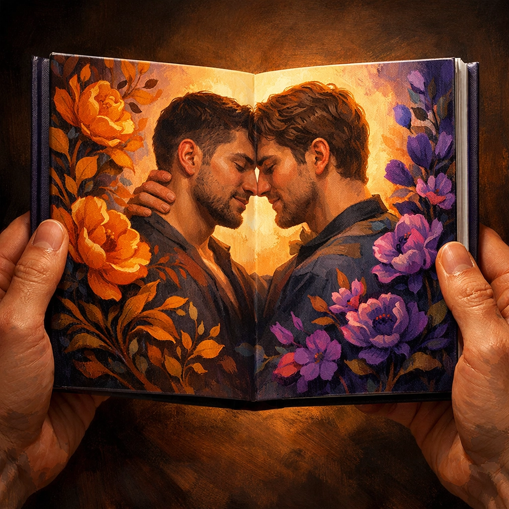 Masculine hands holding a bespoke gay romance book cover featuring an illustrated tender embrace between two men.