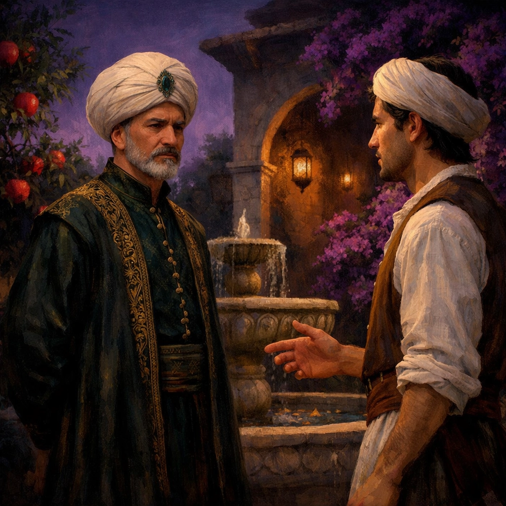 Romantic tension between two men in traditional Ottoman dress standing in a lush courtyard at sunset.