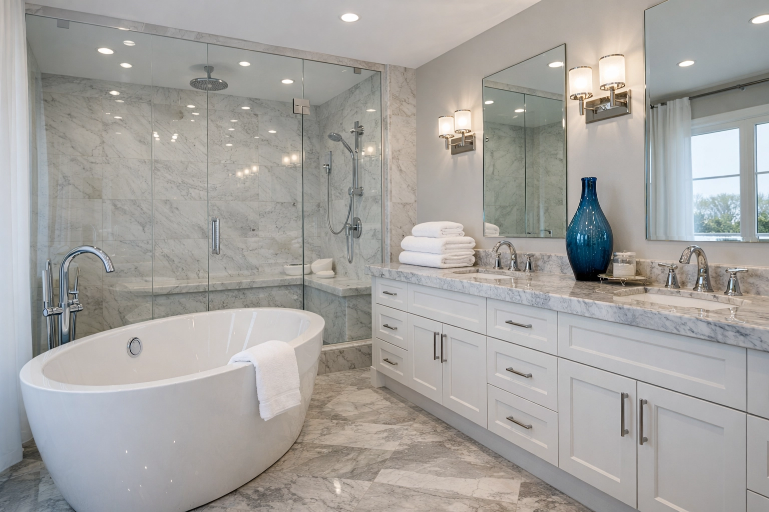 A sparkling luxury master bathroom in Dover, a hallmark of premium residential cleaning Massachusetts services.