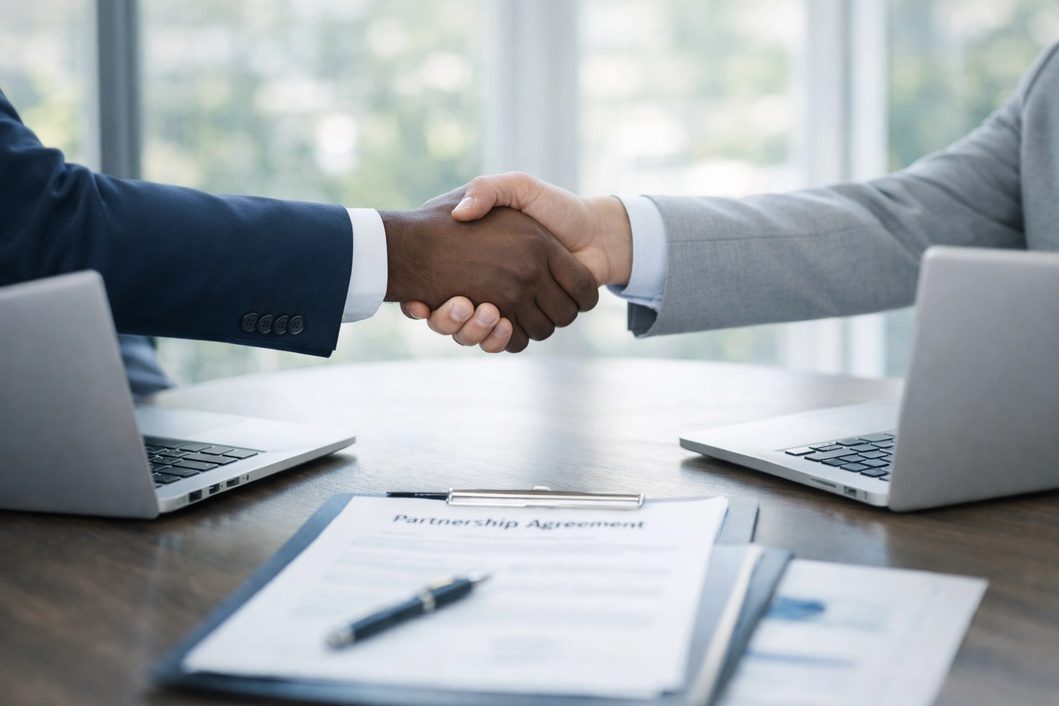 Business partners shaking hands over partnership agreement documents