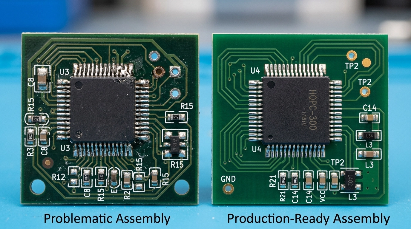 Technical close-up of problematic PCB assembly beside a production-ready board, highlighting solder quality, via-in-pad execution, and component spacing.