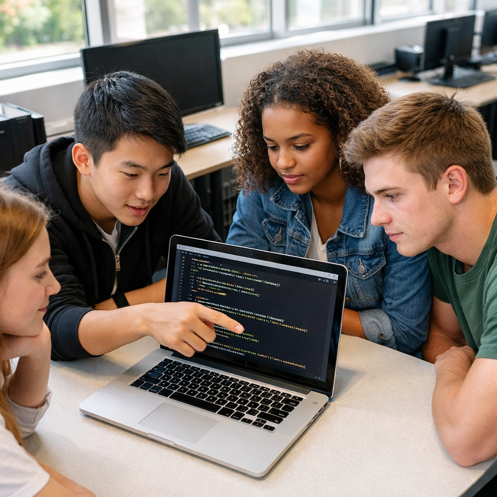 High school students collaborating on coding projects in computer lab for tech talent development