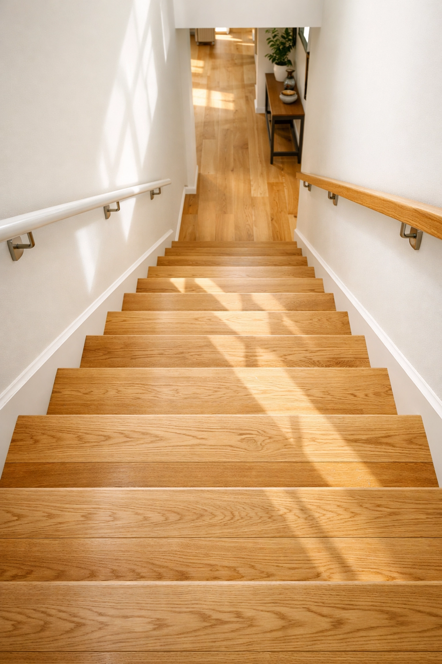Safe wooden staircase with uniform step heights and clear treads to improve home mobility.