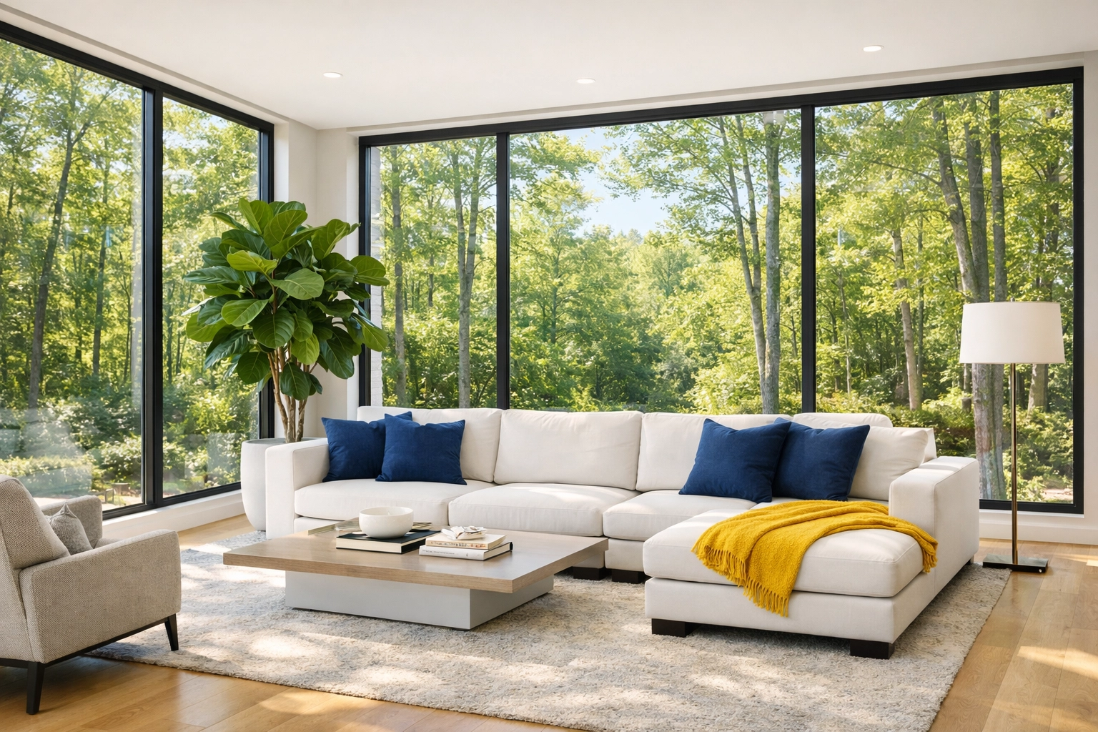 Eco-friendly residential cleaning Massachusetts results in a bright and healthy Dover living room.