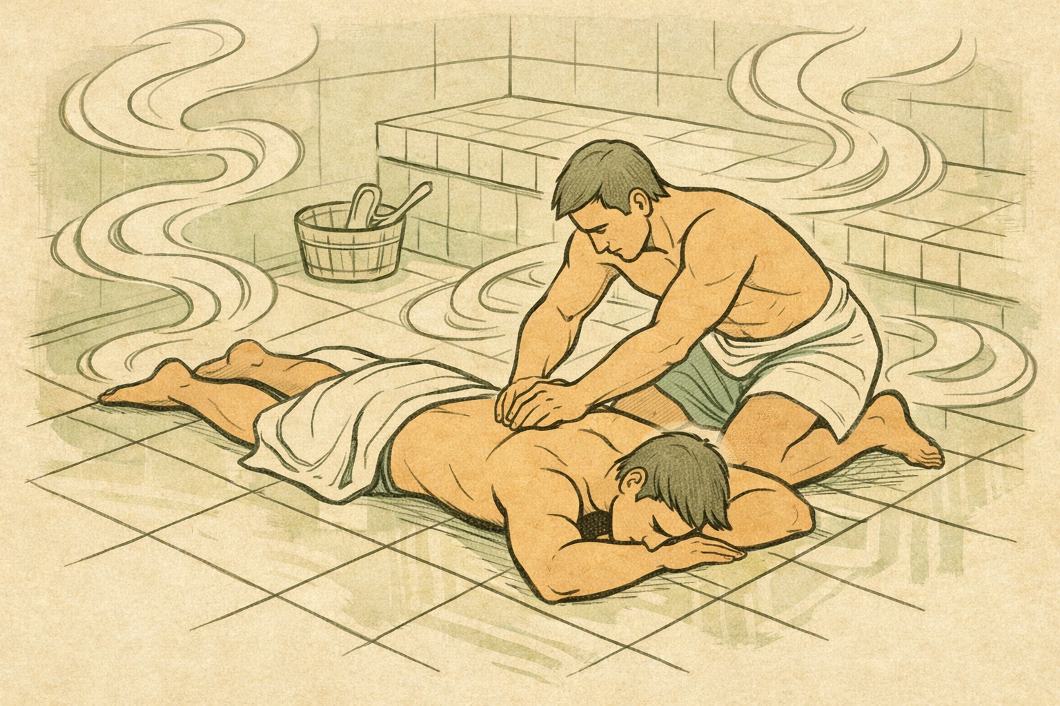 Deep tissue massage therapy in steam room setting between two male bodies
