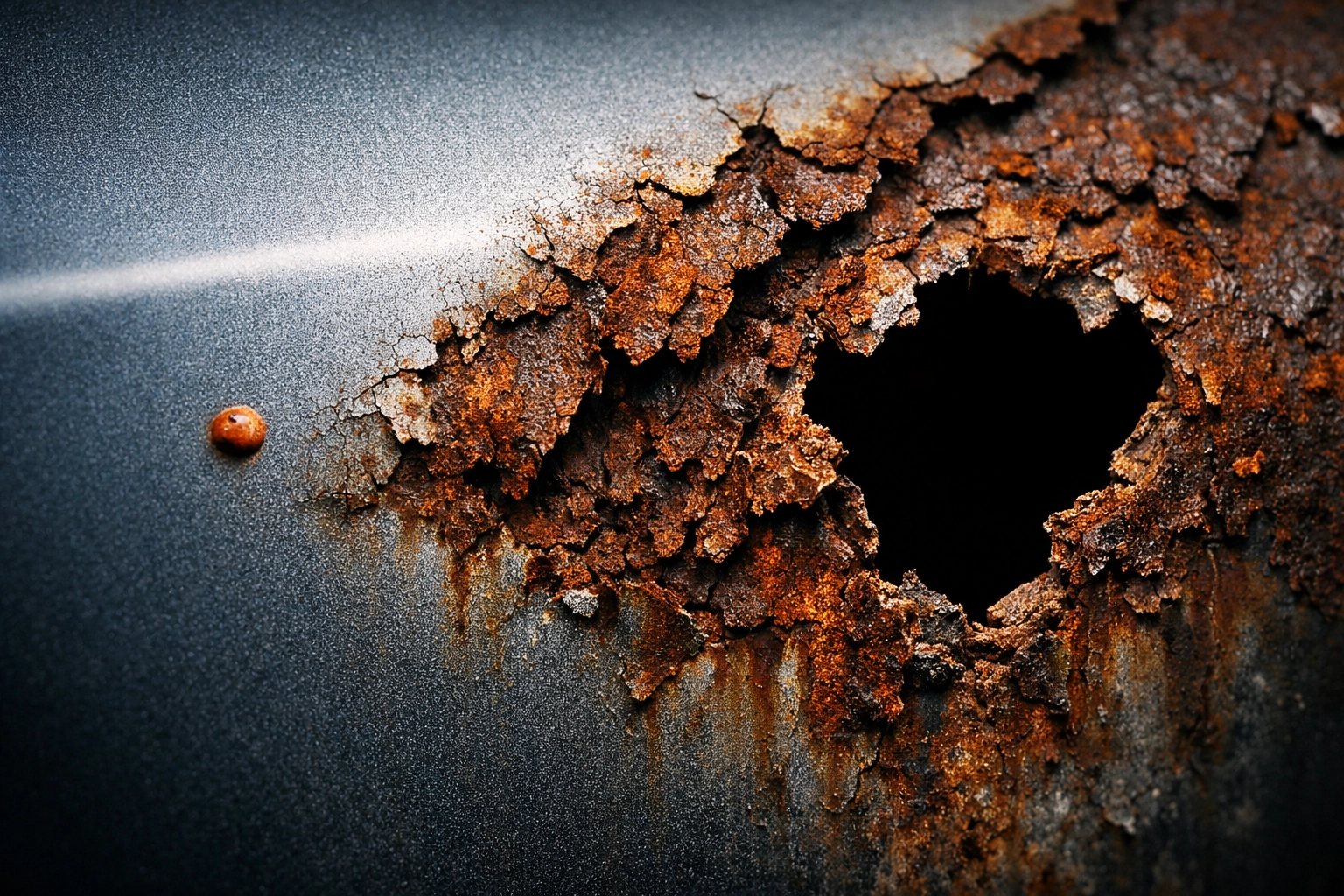 Macro shot of car corrosion showing a rust bubble progressing into structural metal decay.