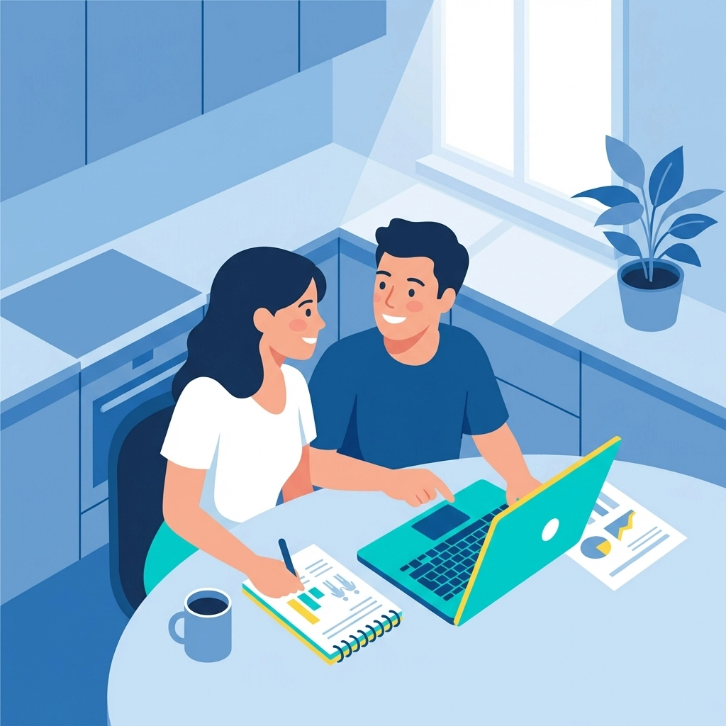 Young married couple budgeting at kitchen table, illustrating financial planning for families and homeowners.