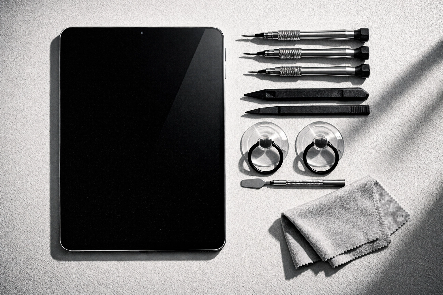 Professional iPad screen repair tools and pristine display showing premium replacement parts