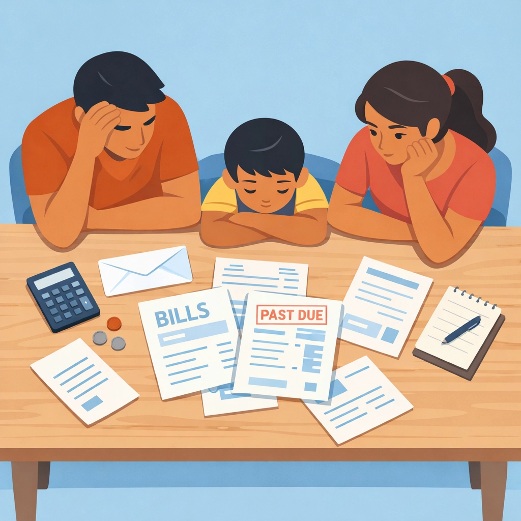Familia latina preocupada revisando facturas y documentos de crédito en la mesa de su cocina