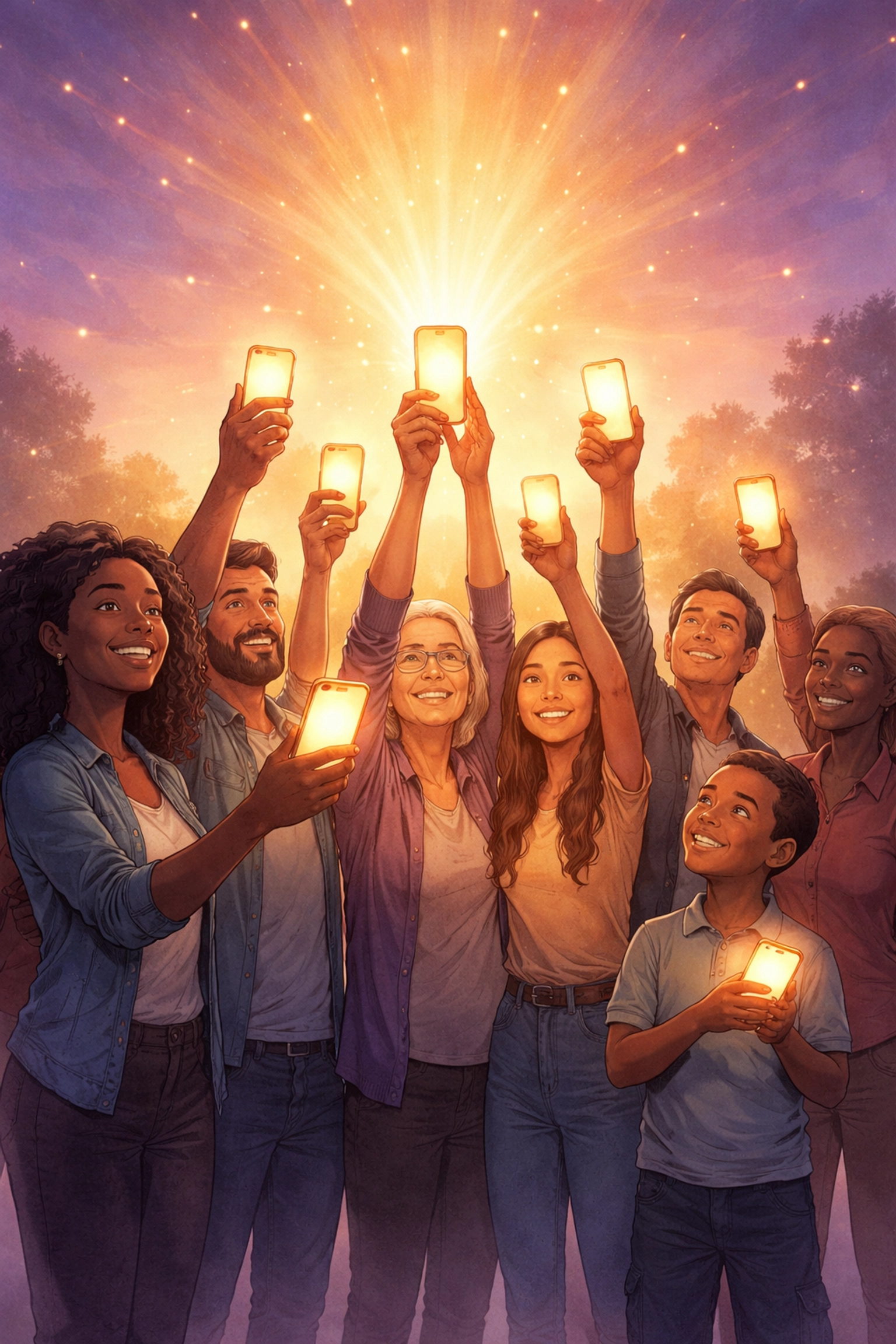 Group of diverse people holding glowing smartphones, united in purpose to spread hope through digital ministry.
