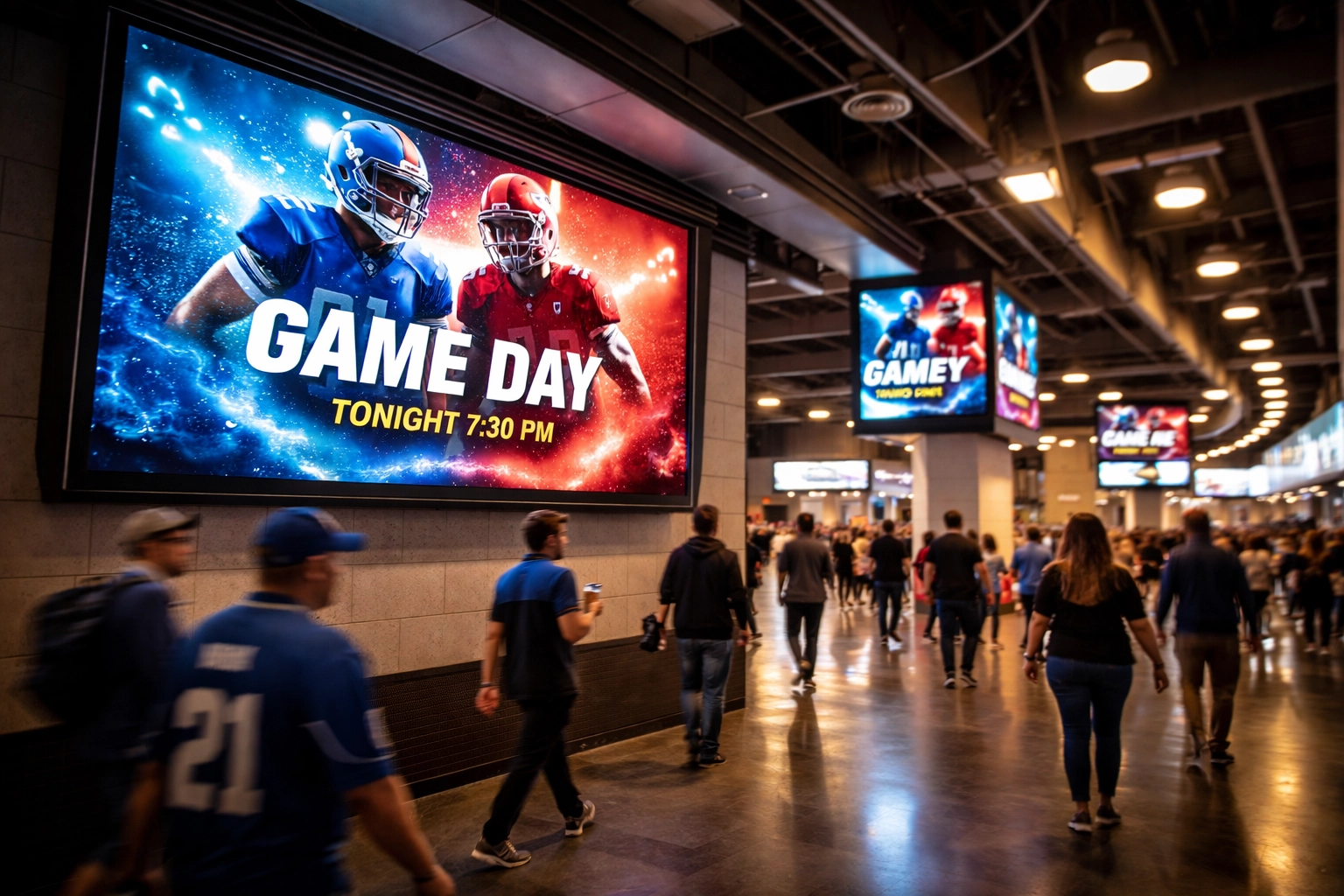 Fans walking through a sports stadium concourse with dynamic digital signage displaying sports graphics and promotions