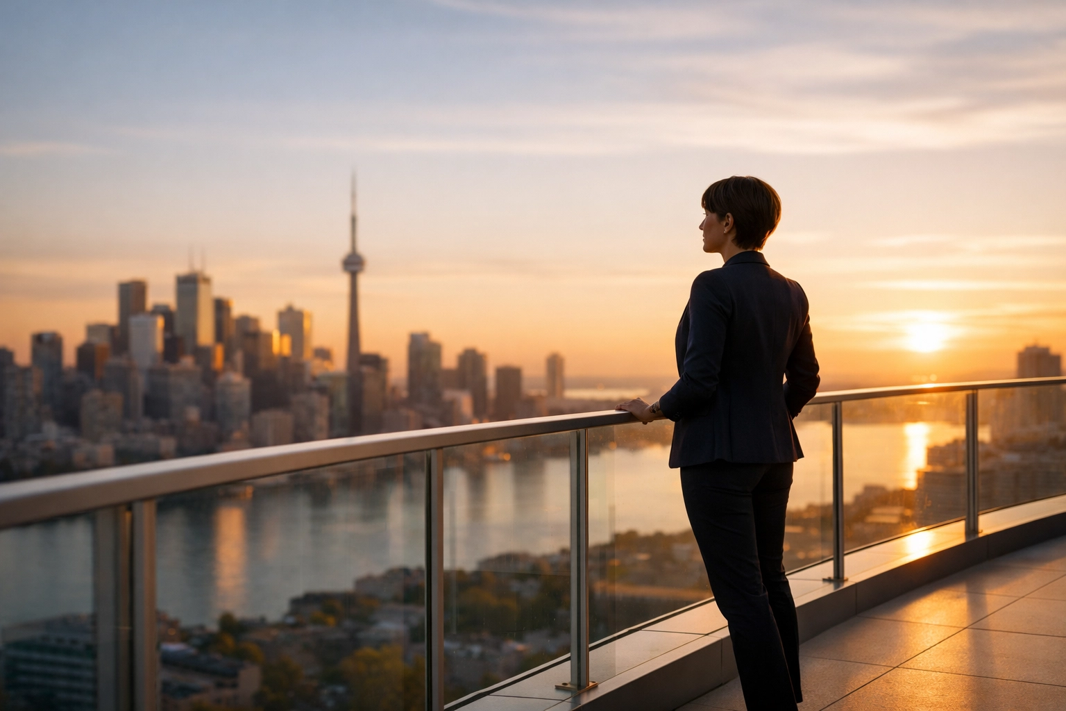 Confident individual looking over a city skyline after securing a same day loan in Canada.