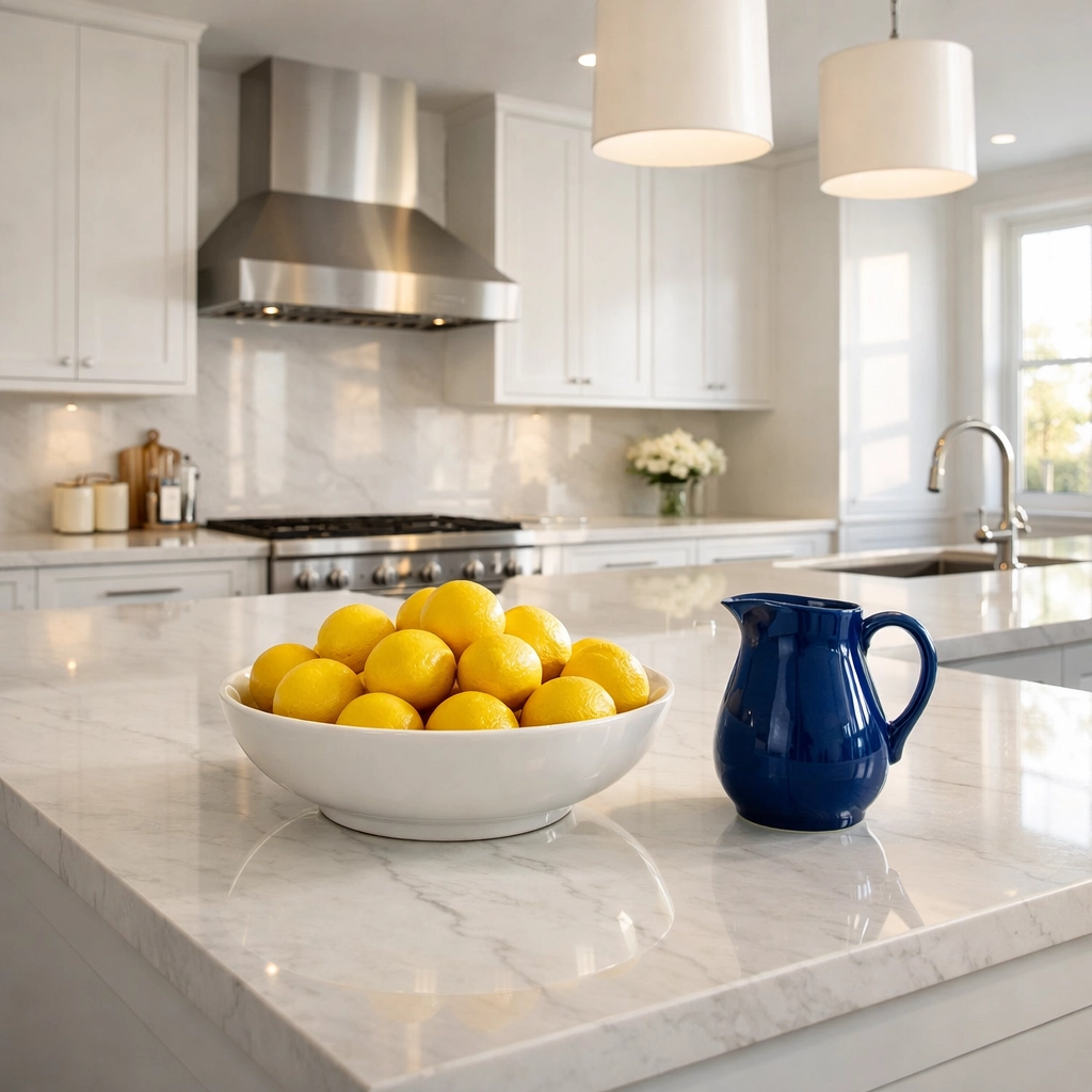 Spotless professional kitchen with white marble countertops and cabinets after a deep spring clean.