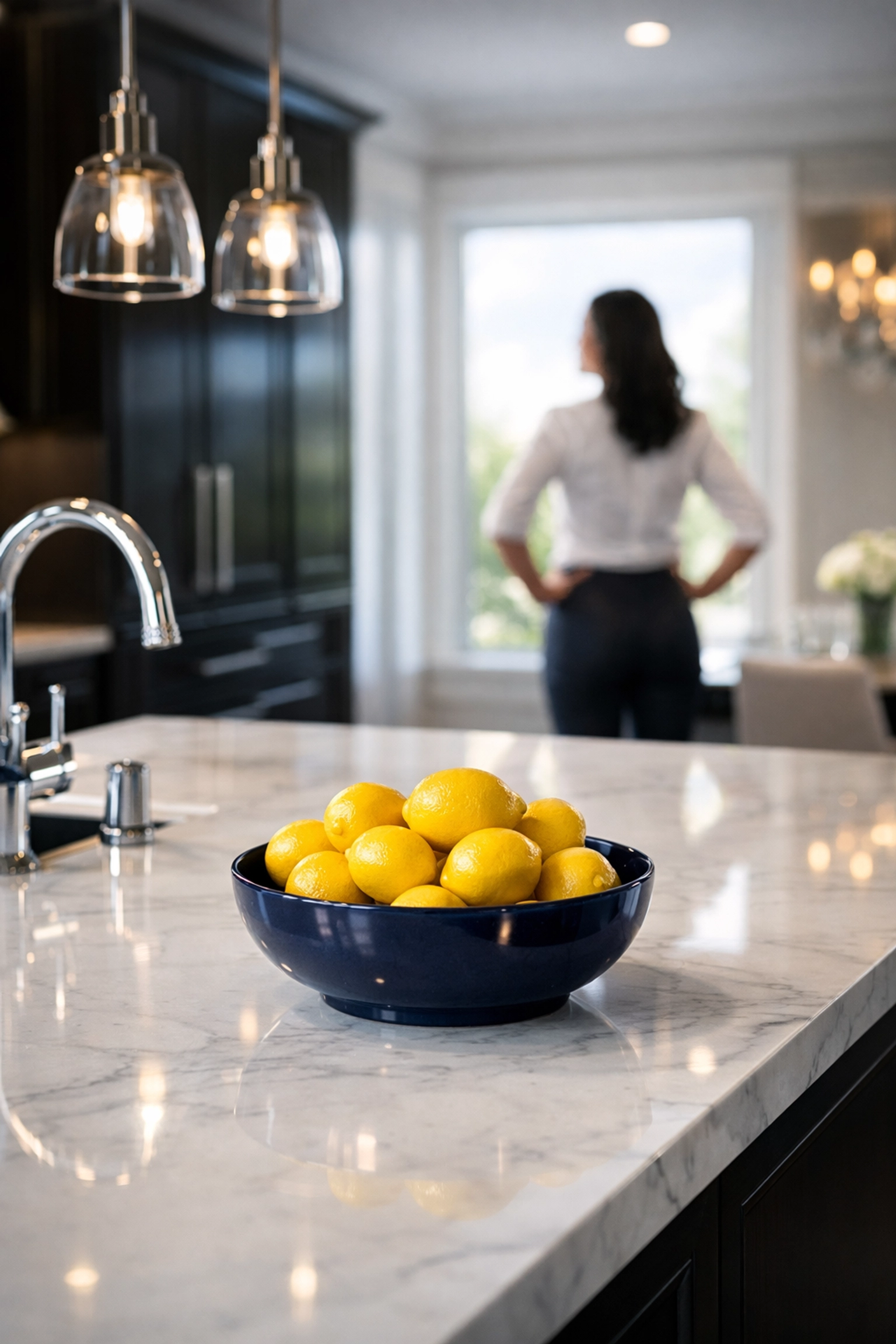 Spotless luxury kitchen island after a professional deep cleaning to enhance mental clarity and energy.