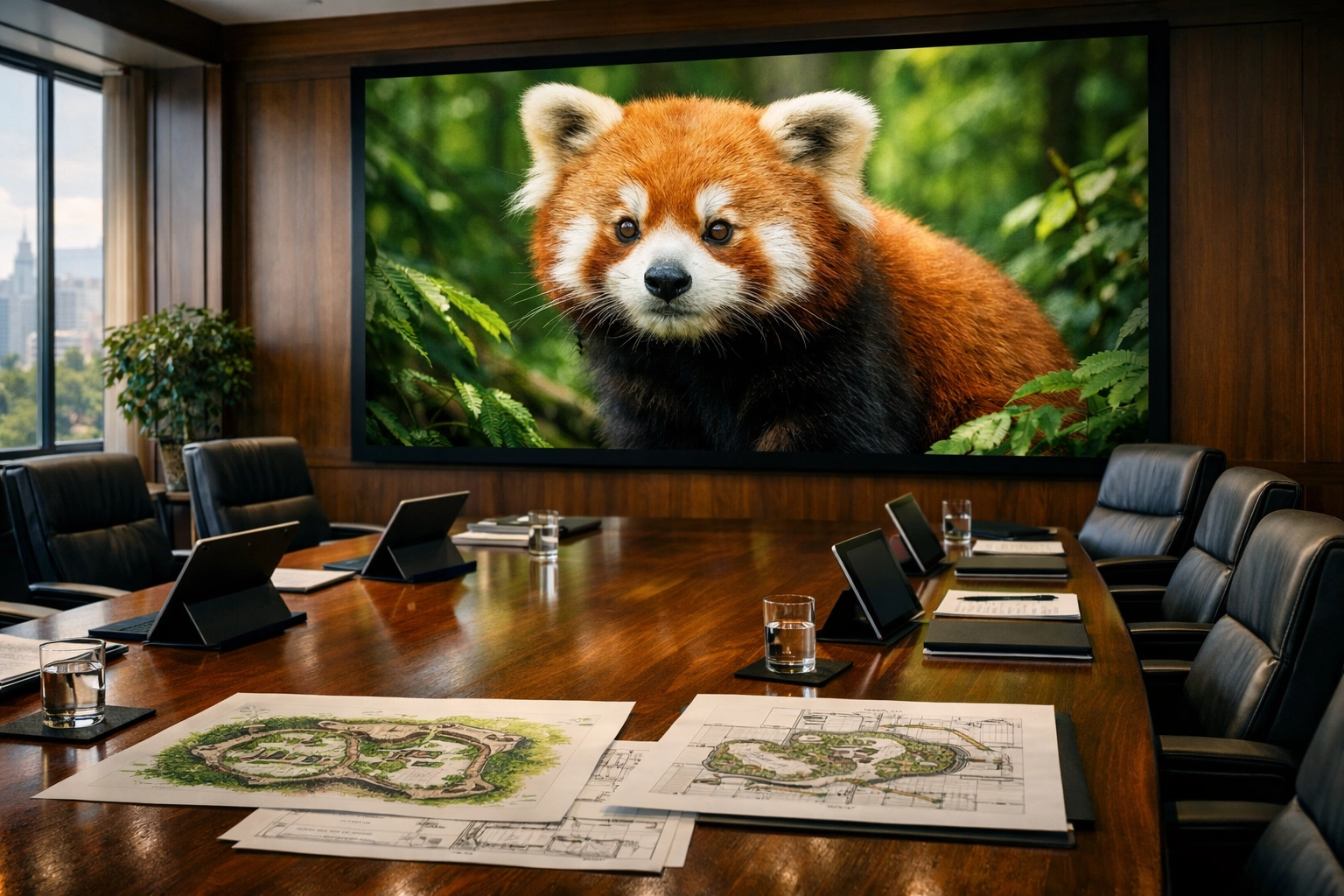 A professional branding agency boardroom displaying mission-driven wildlife visuals for zoo corporate identity.