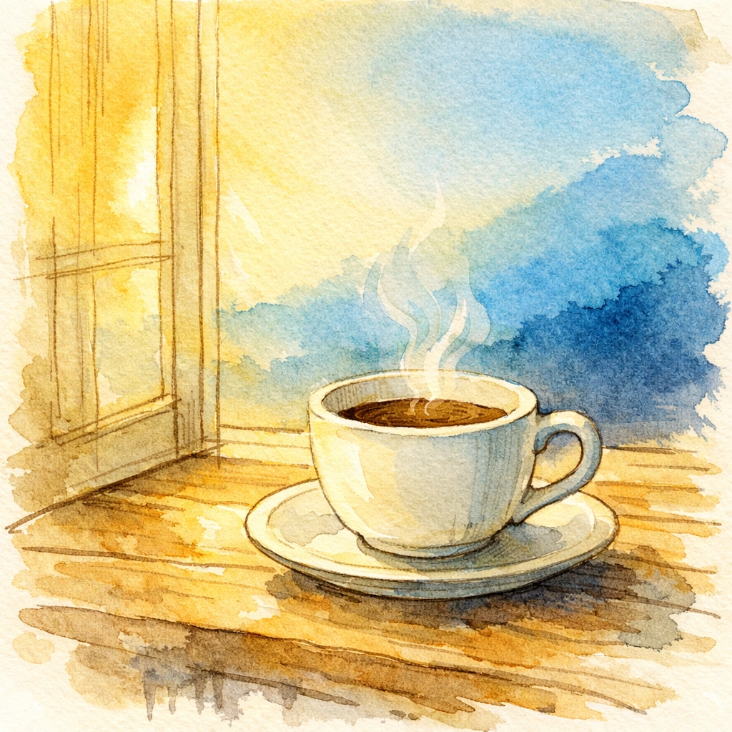 Morning coffee and golden sunrise light symbolizing gratitude and peaceful daily abundance