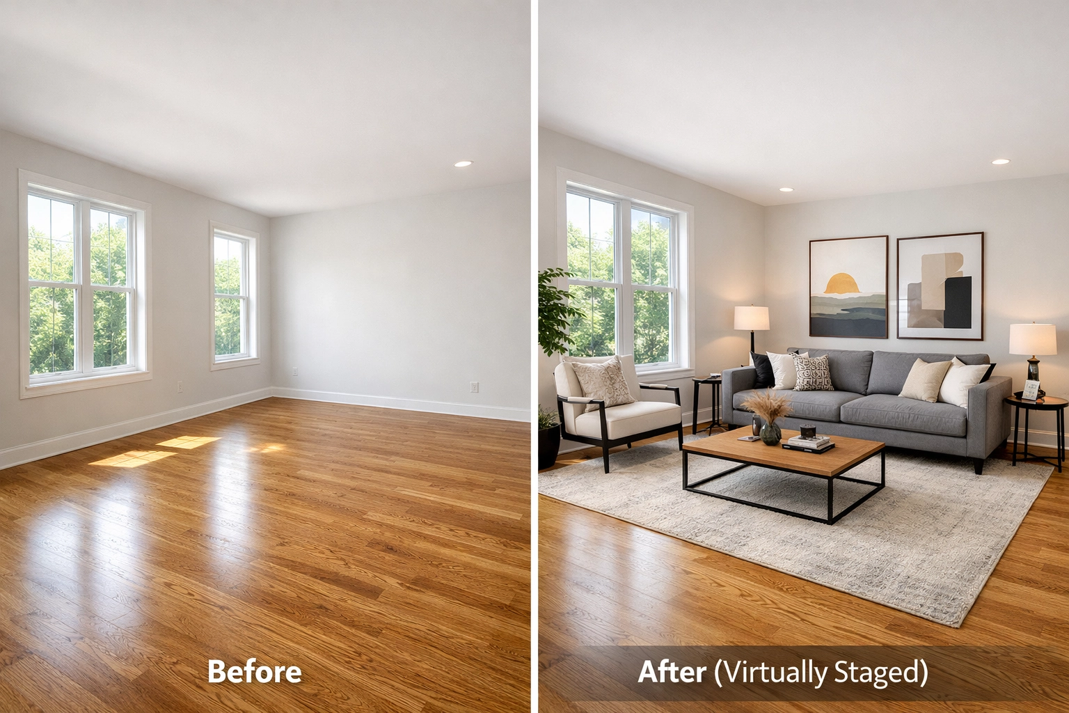 Before and after virtual staging comparison of Florida living room with furnished decor