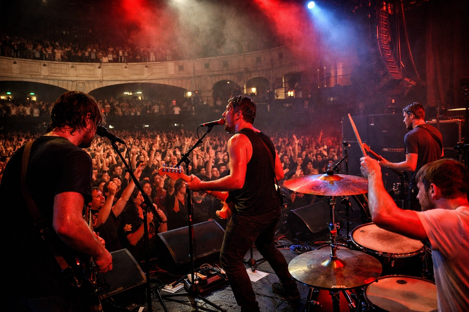 Local unsigned band performing live on stage at a Brixton indie music venue for a sold-out crowd.
