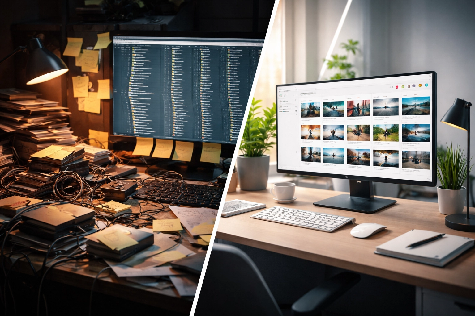 A workspace showing the dramatic difference between chaotic file storage and organized, searchable media libraries.