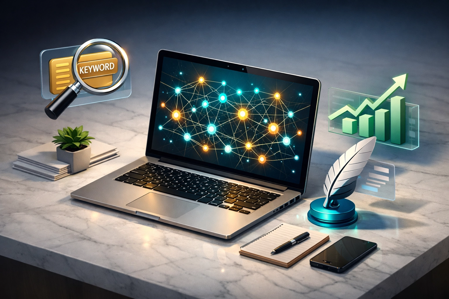 Digital marketing workspace displaying AI SEO workflow for keyword research and topical authority mapping.