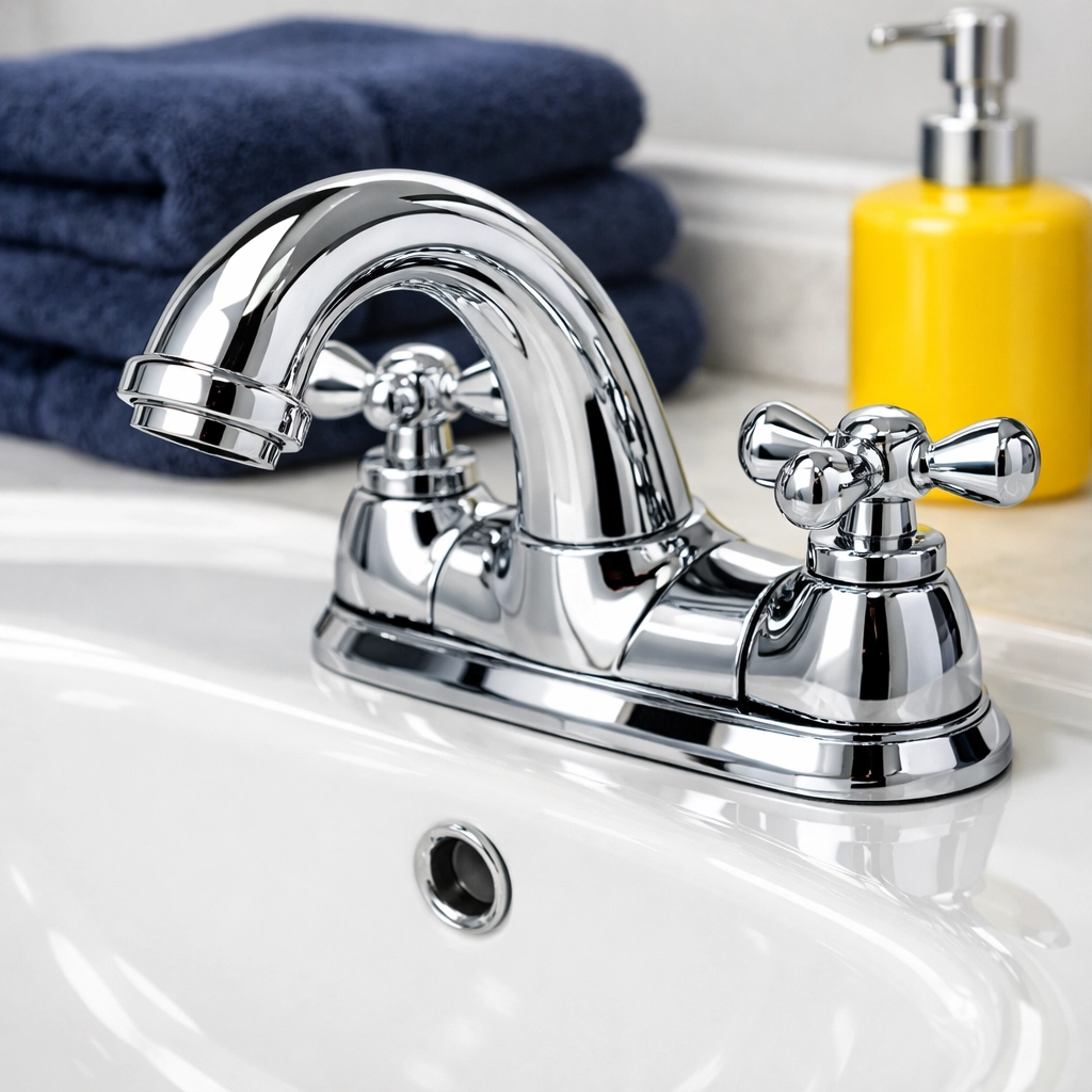 Polished chrome faucet and white porcelain sink after professional bathroom sanitization in Lancaster.