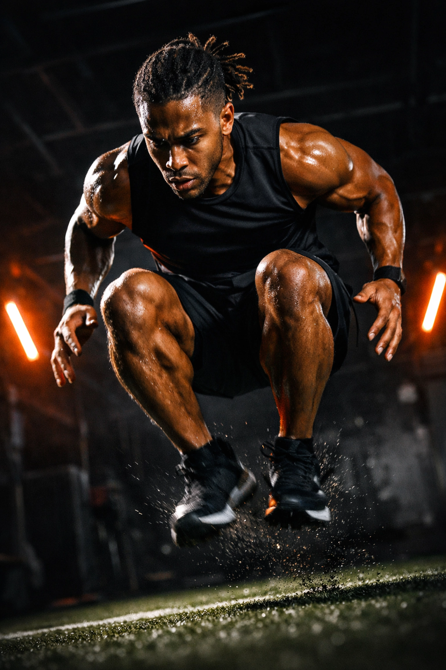 Football athlete demonstrating the active descent and hip pull of the AFSM squat drop jump for explosive speed.