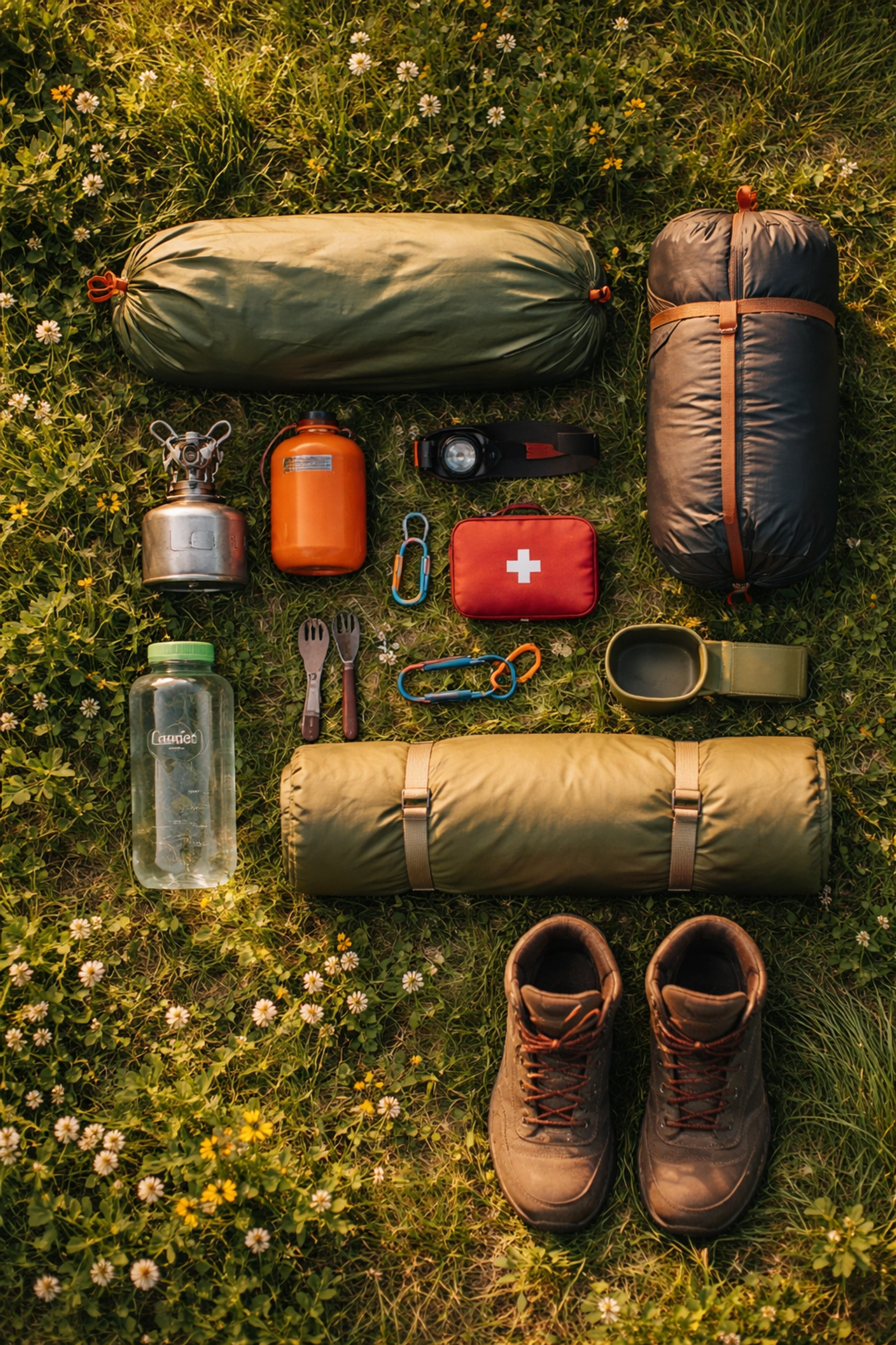 Essential wild camping gear checklist laid out on grass for a safe UK camping adventure