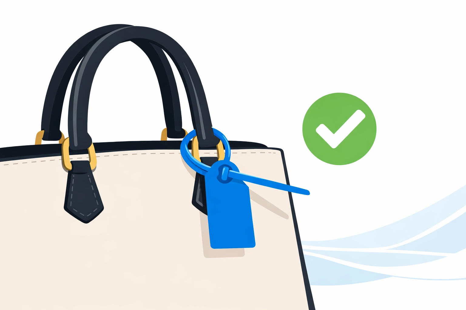 Close-up of a verified luxury handbag with a blue security zip tie for authentication.