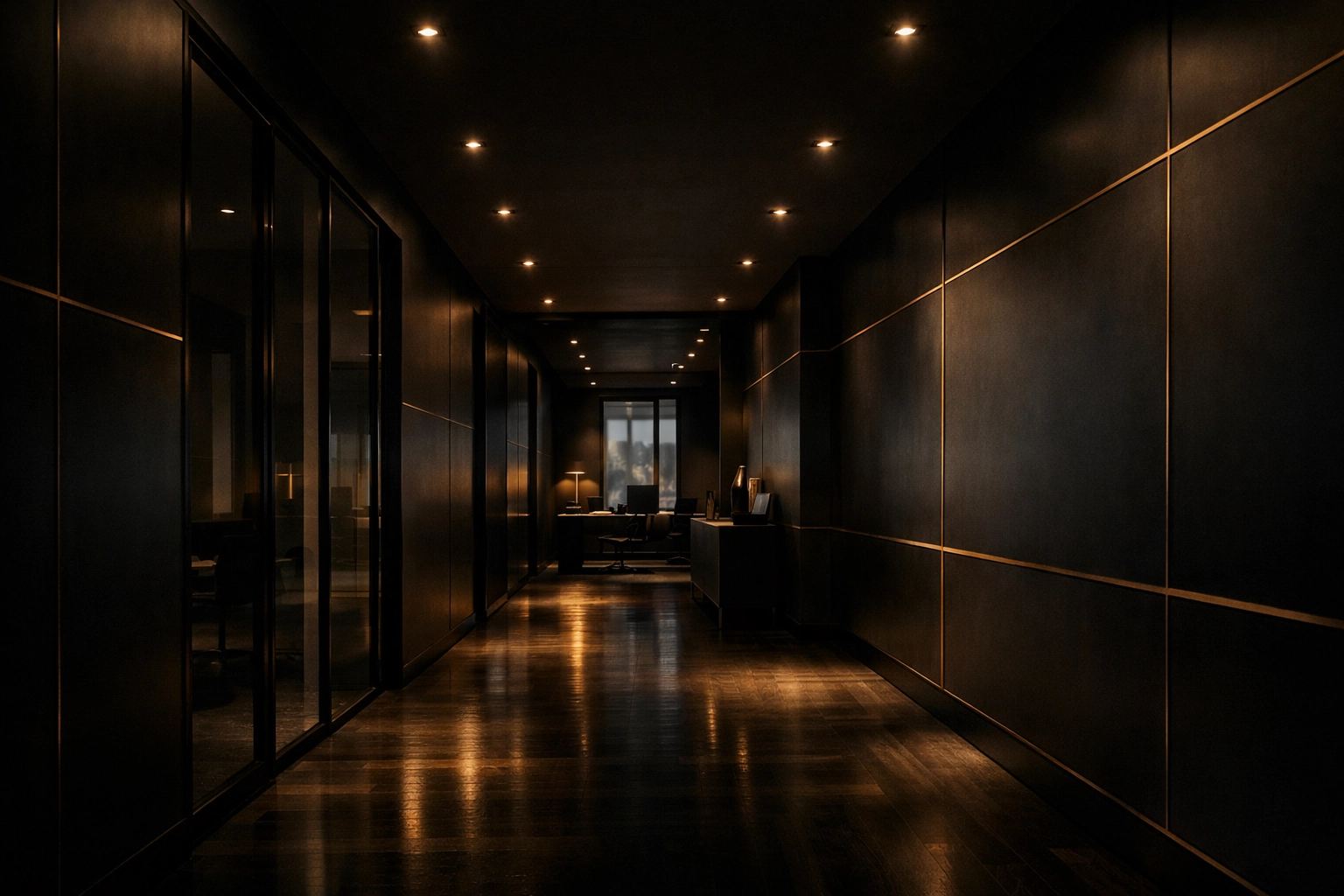 Resilience Architect corridor: matte black walls, gold inlay lines, and warm downlights in deep shadow