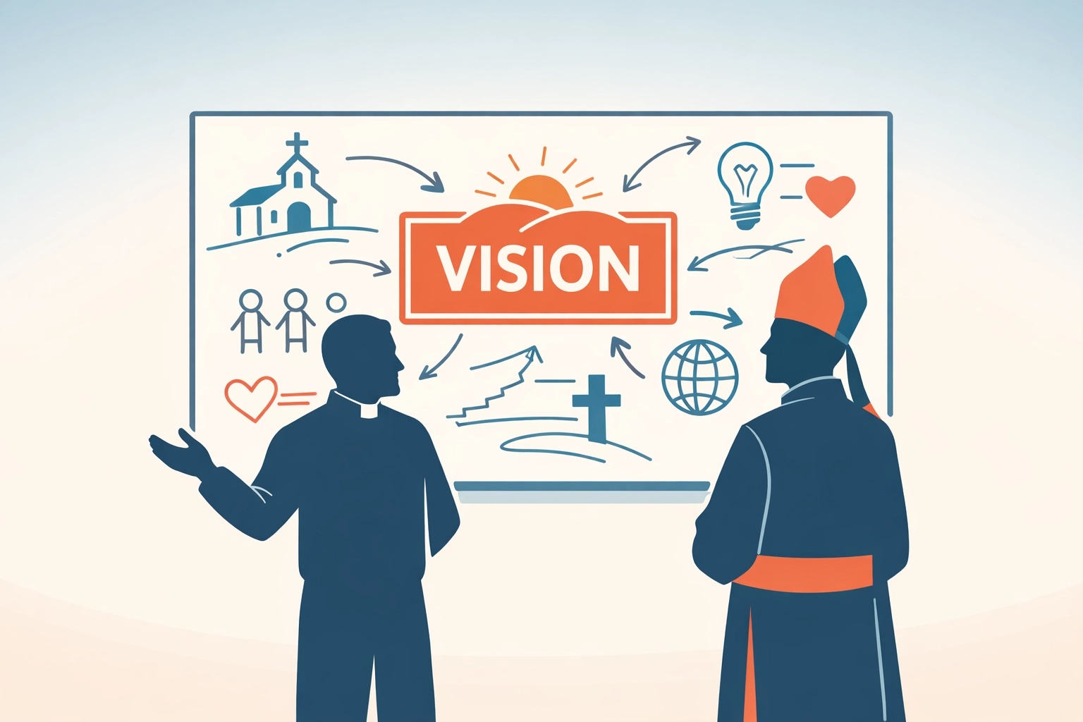 Two church leaders collaborating on vision board, illustrating effective church communication