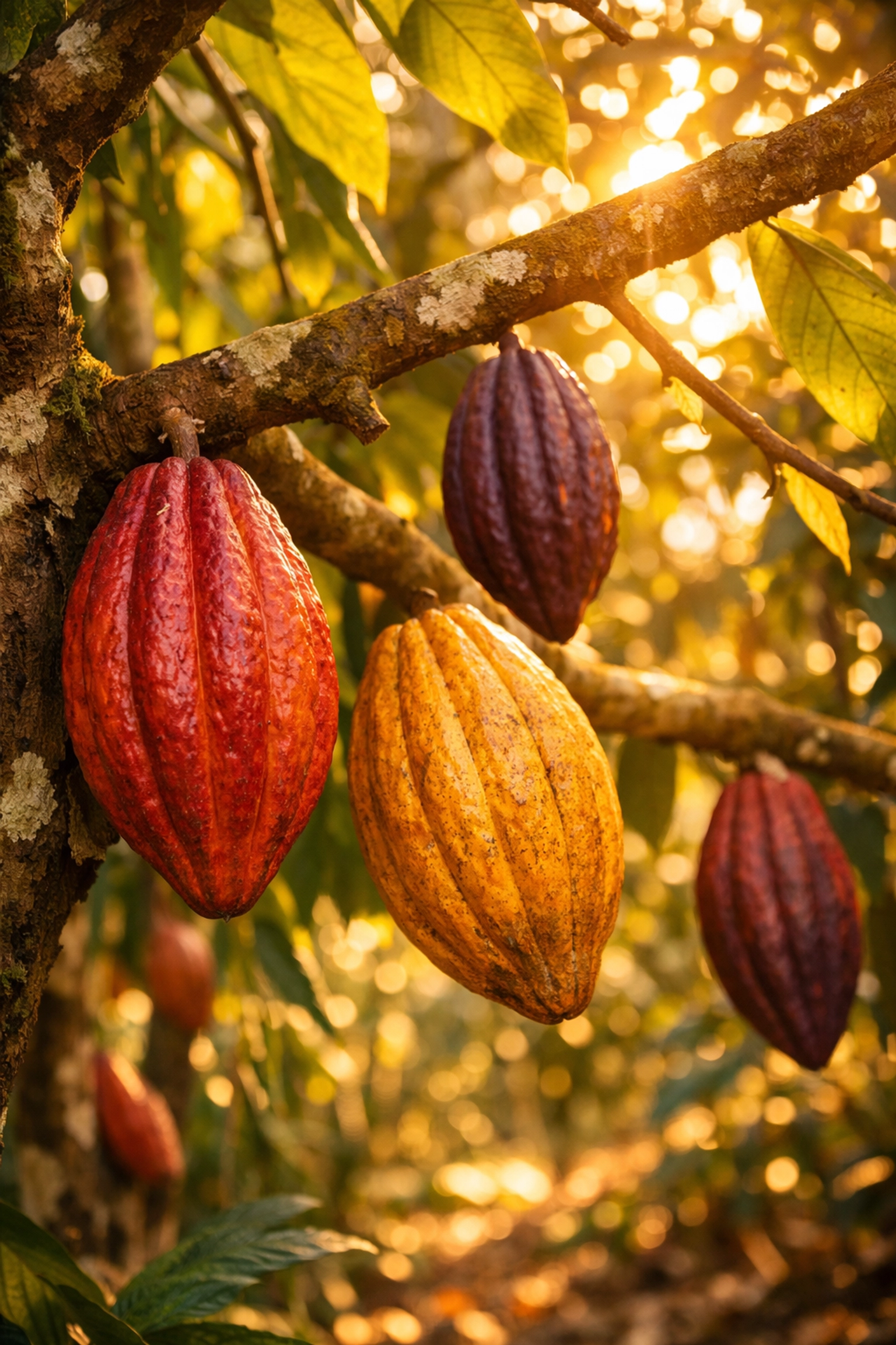 Fresh cacao pods growing on tropical plantation tree for bean-to-bar chocolate making