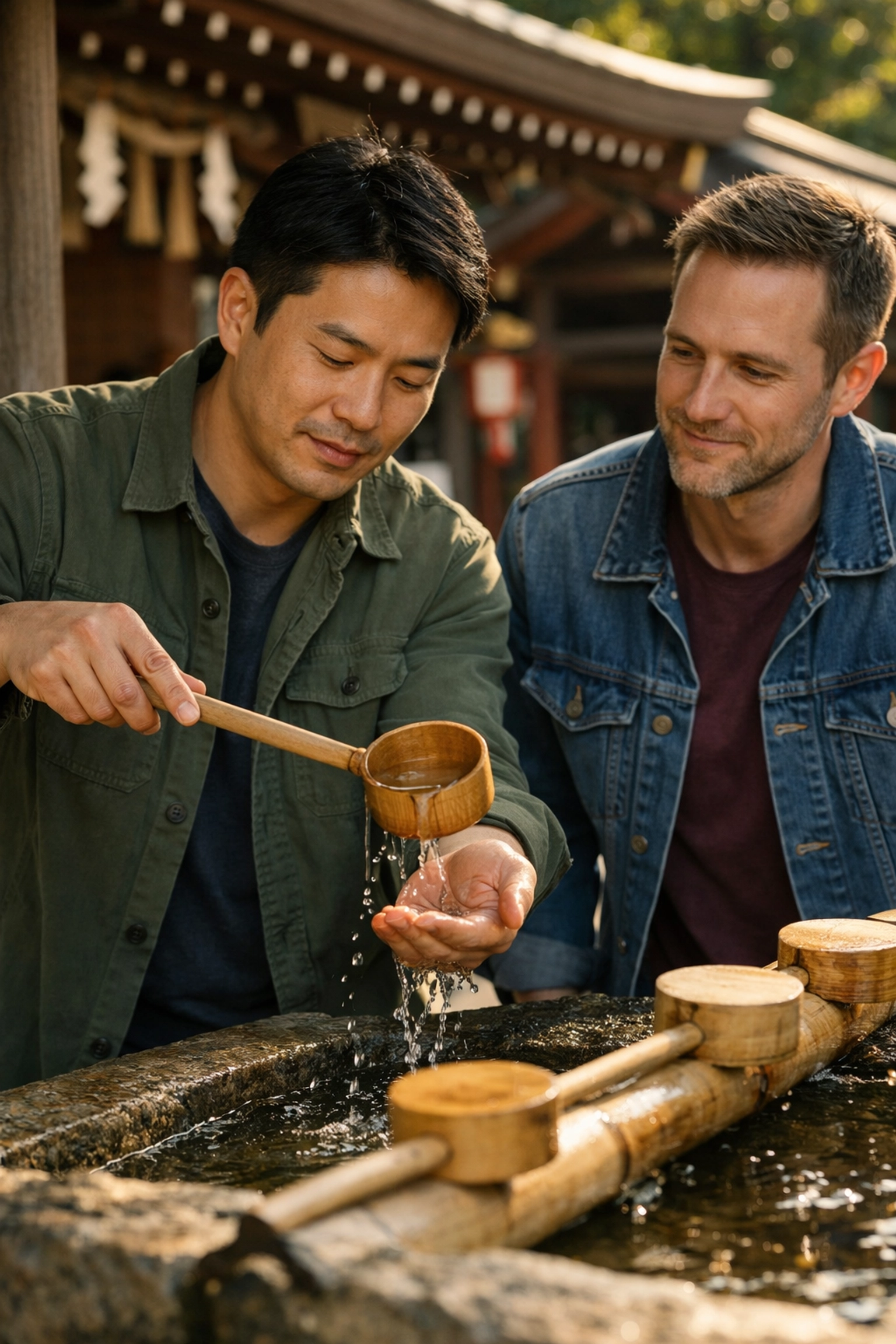 Two men practice purification ritual at Shinto shrine water fountain in Tokyo