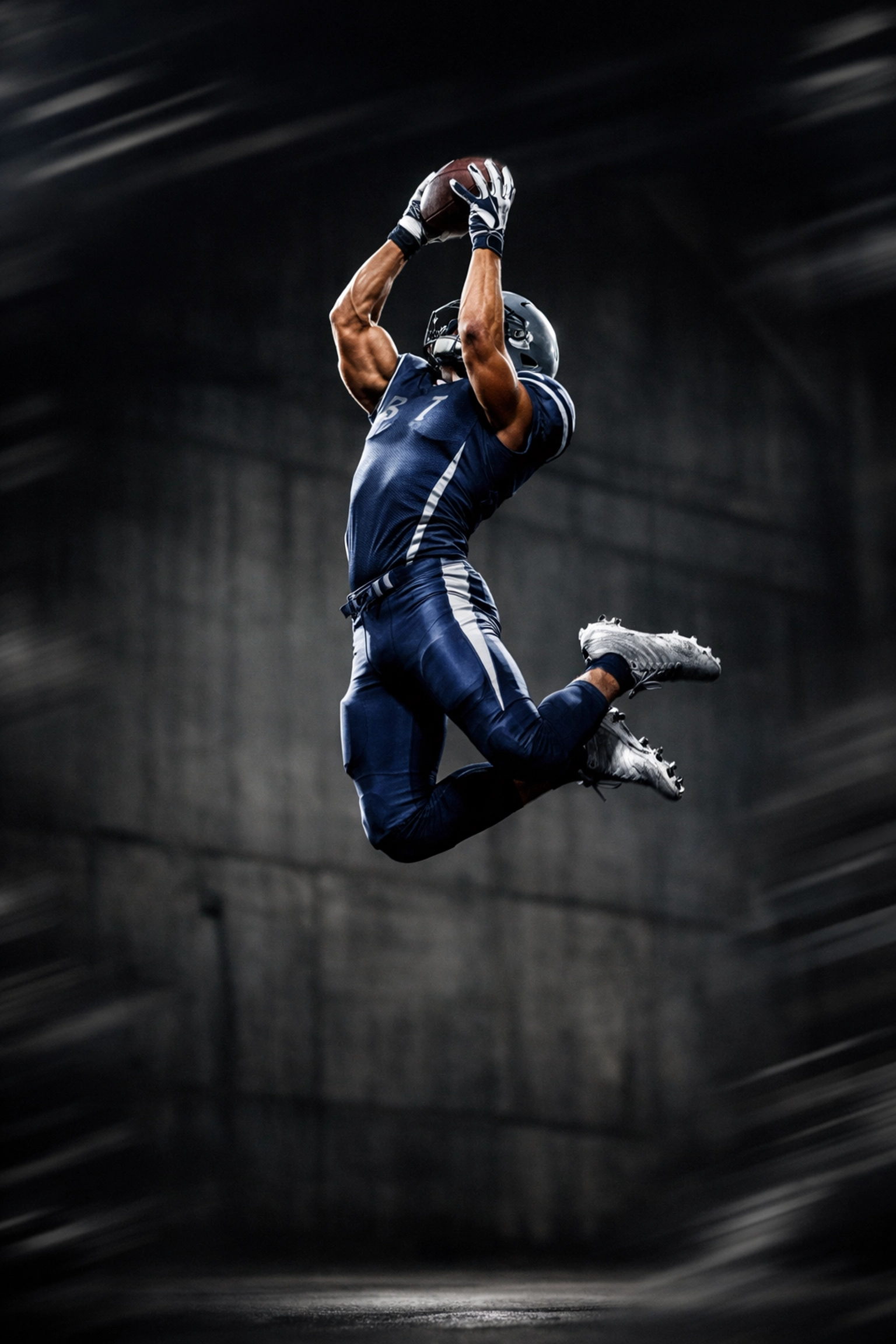 Wide receiver in a navy and silver uniform leaping high to show explosive athletic power and vertical jump ability.